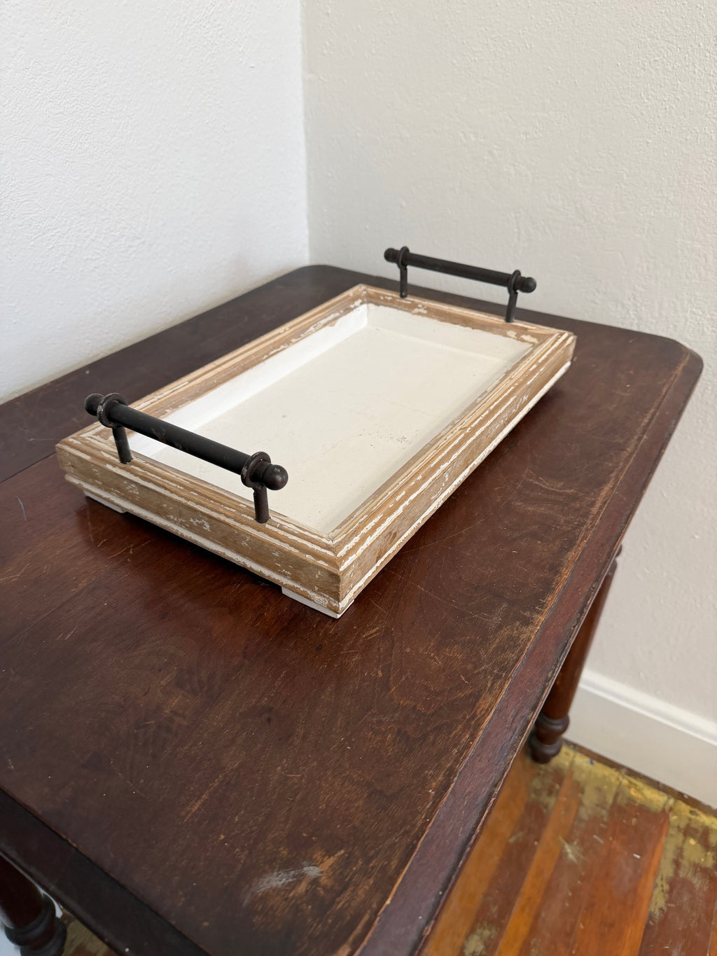 White Washed Wood Tray with Metal Handles