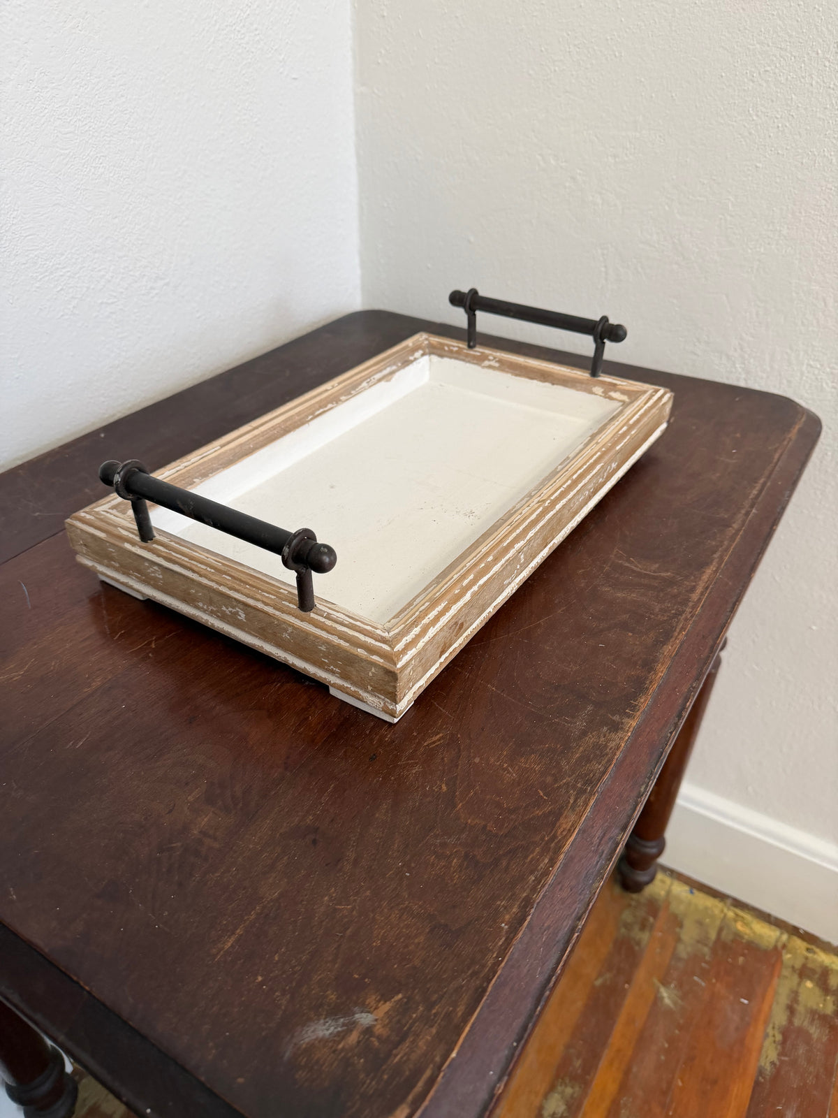 White Washed Wood Tray with Metal Handles