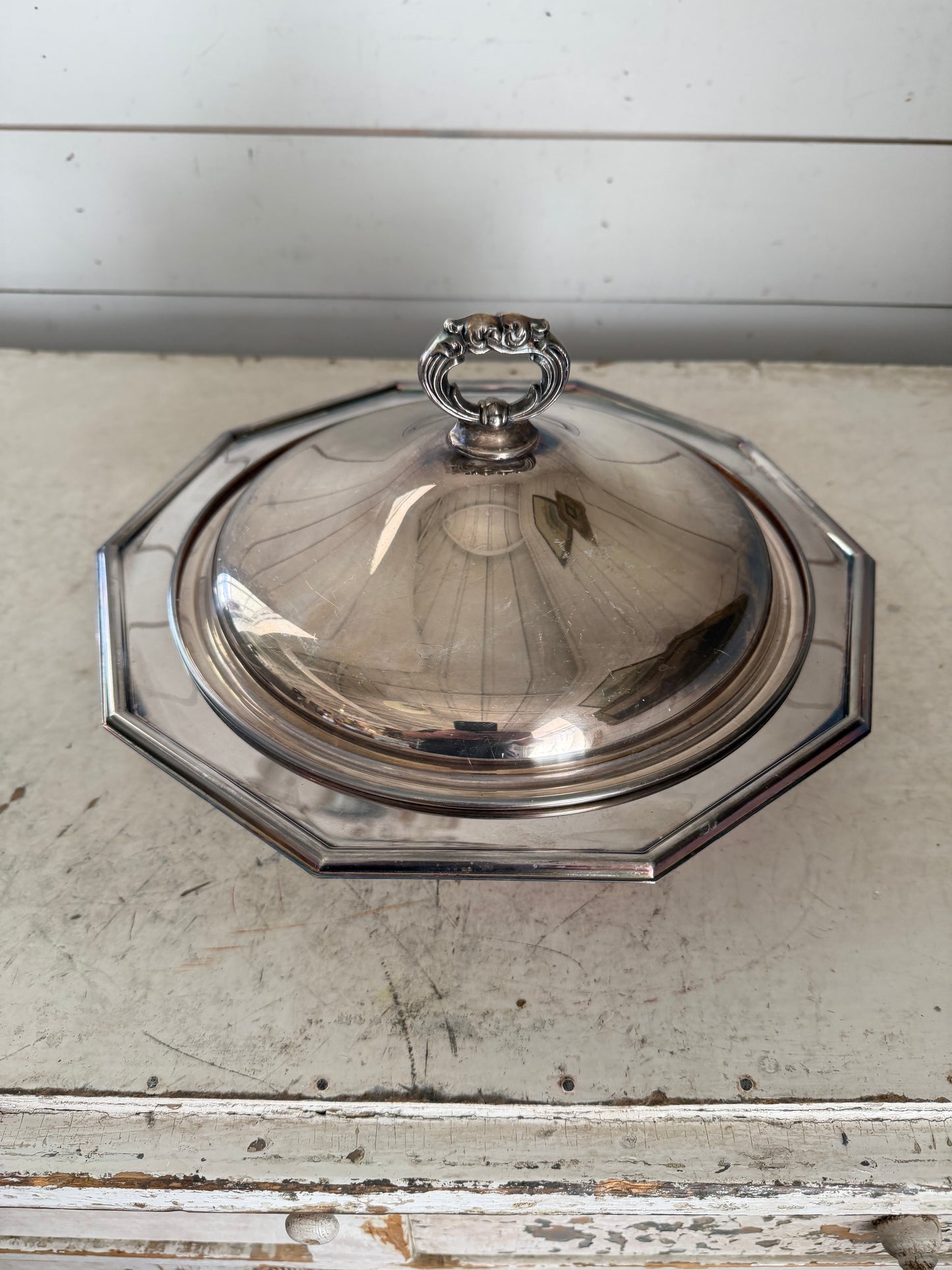 Vintage silver-plated lidded serving dish with feet