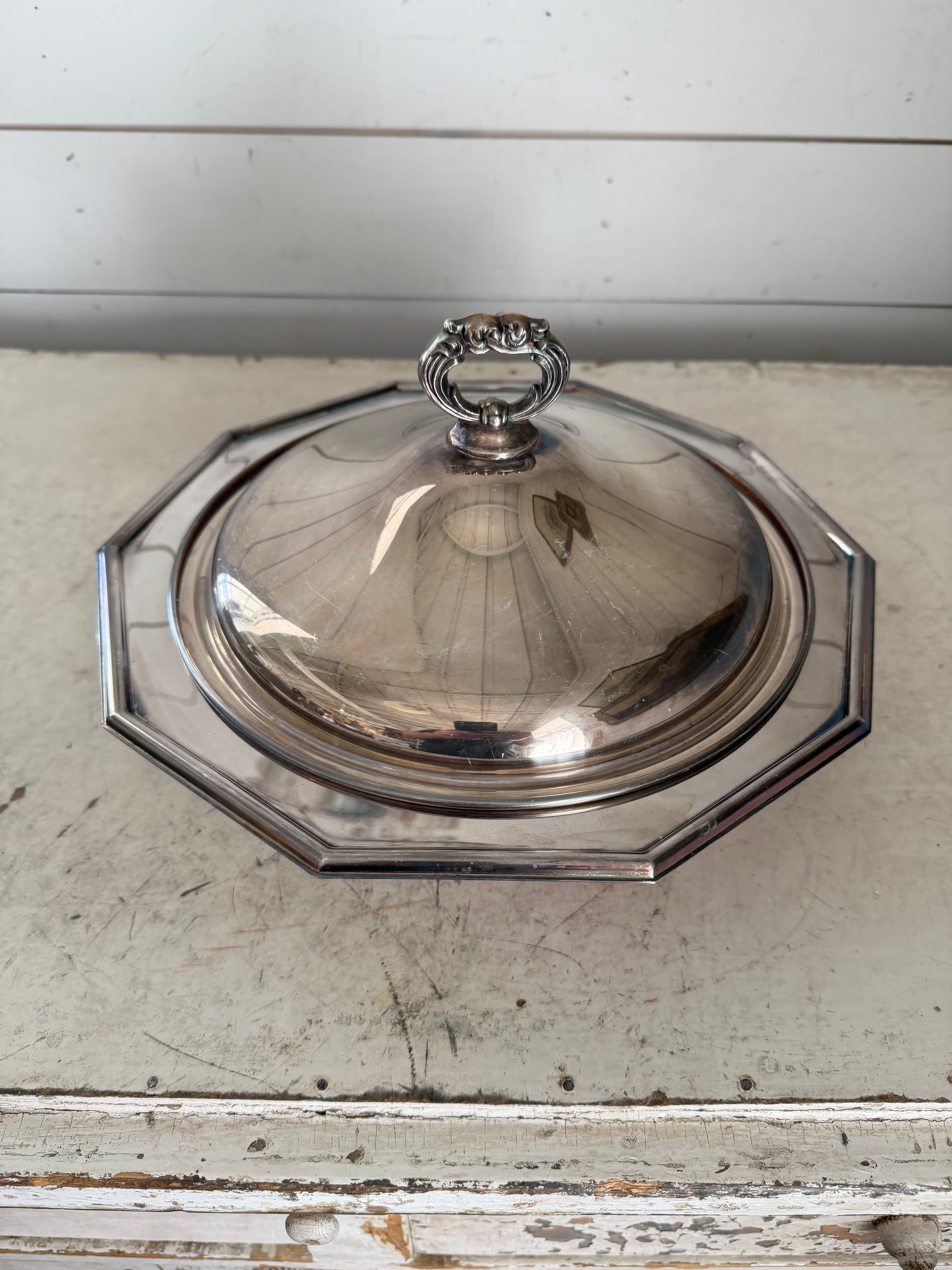 Vintage silver-plated lidded serving dish with feet