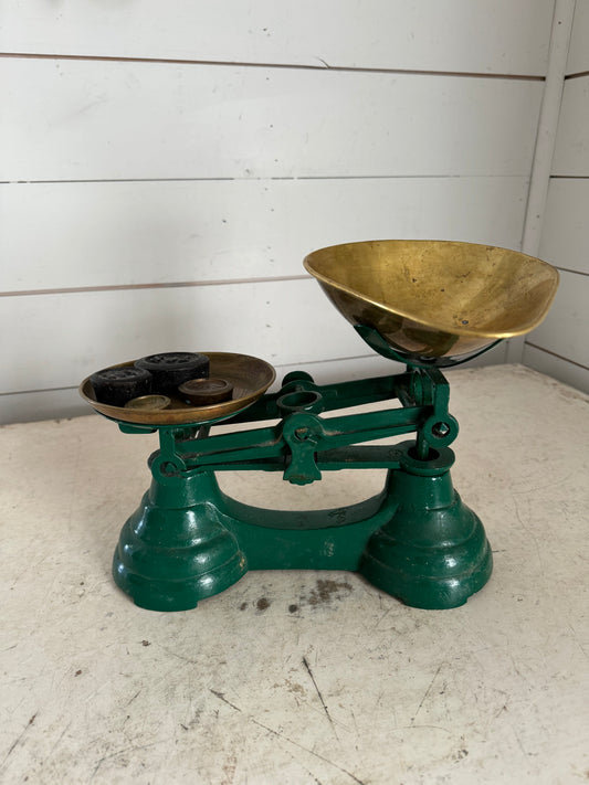 Vintage Green Scale with weights & brass bowl