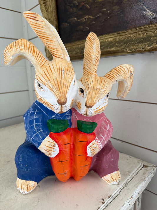 Vintage Paper Mache Bunnies 12" Bunny Rabbit Carrots Boy Girl