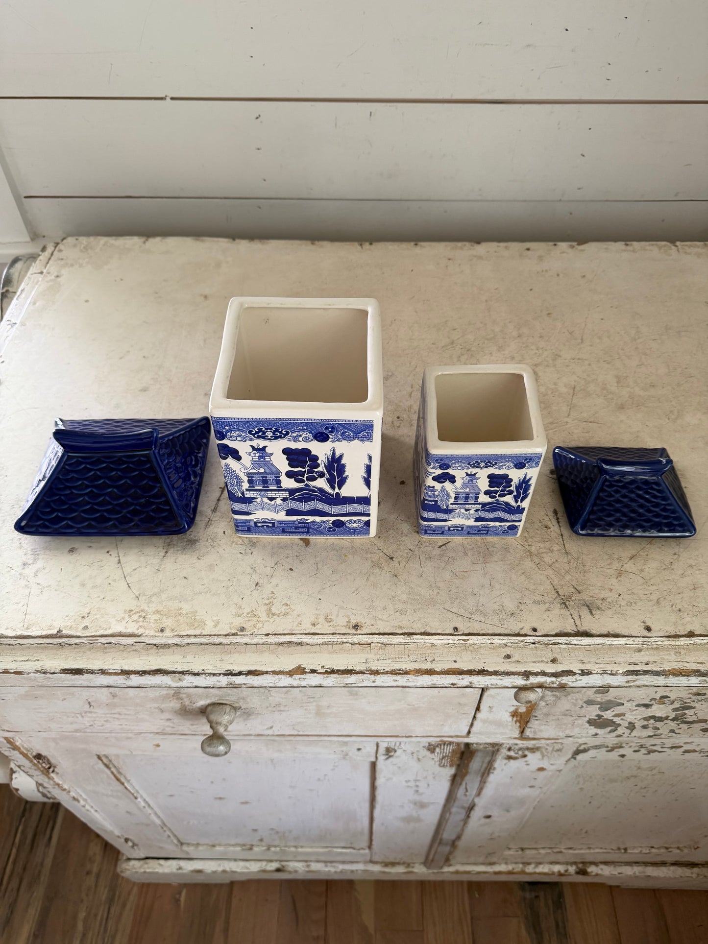 Vintage Blue Willow & White Pagoda Canisters