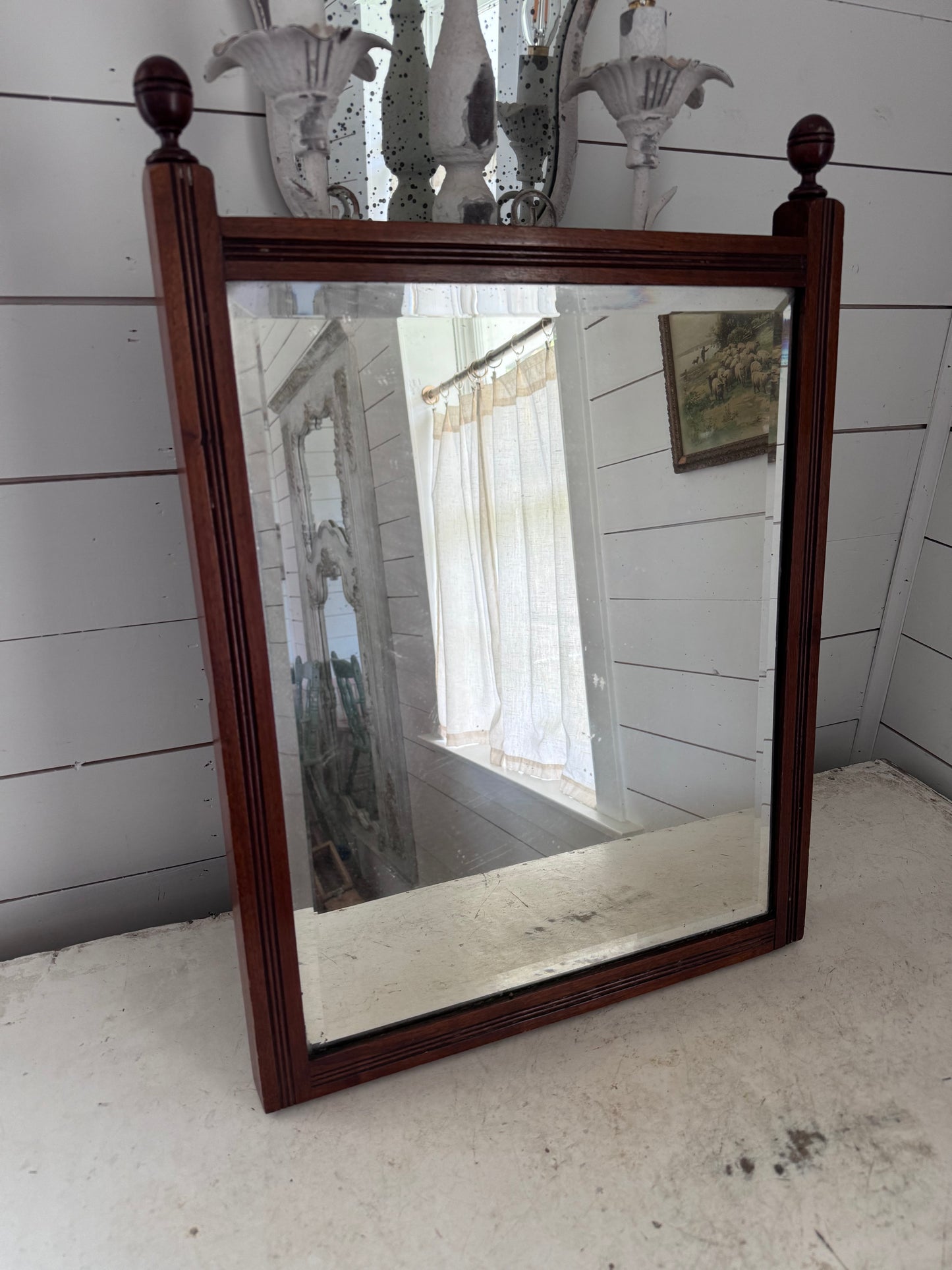 Antique Wood Beveled Mirror with finials