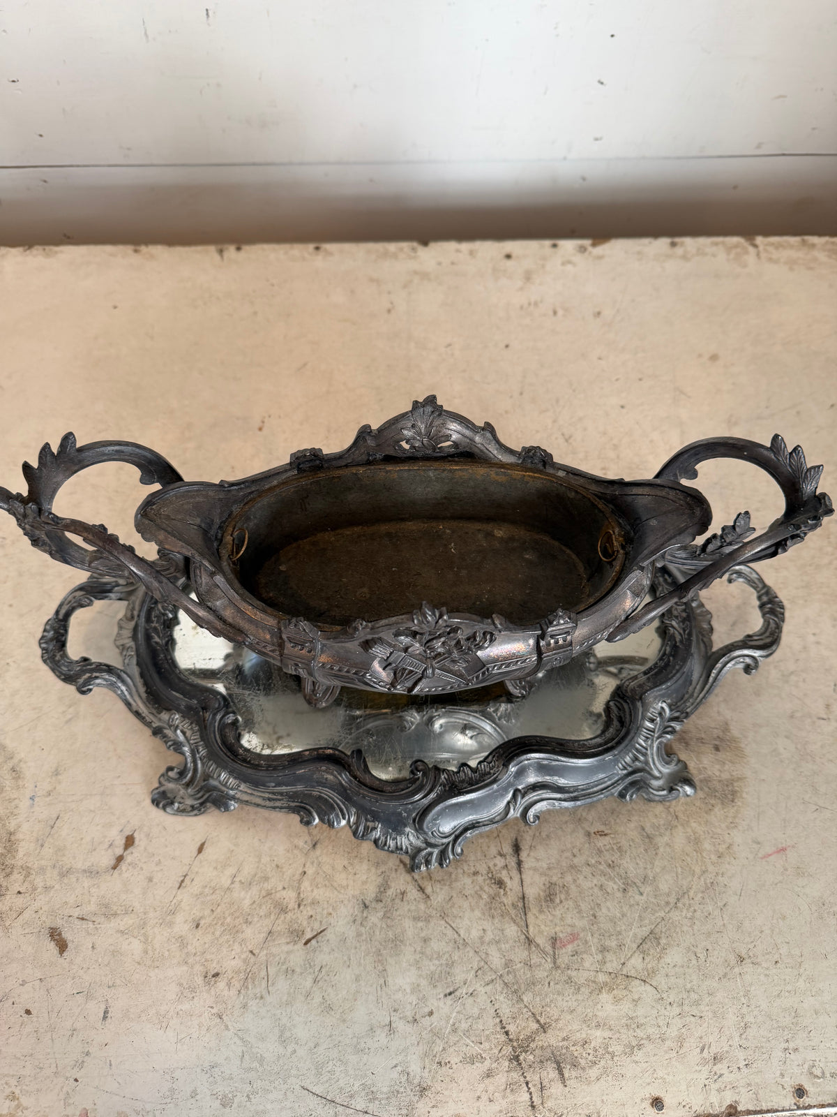 antique French jardiniere, decorative centerpiece or planter, with a mirrored stand