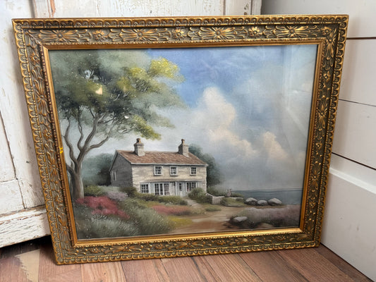 Seaside cottage In Vintage gold frame