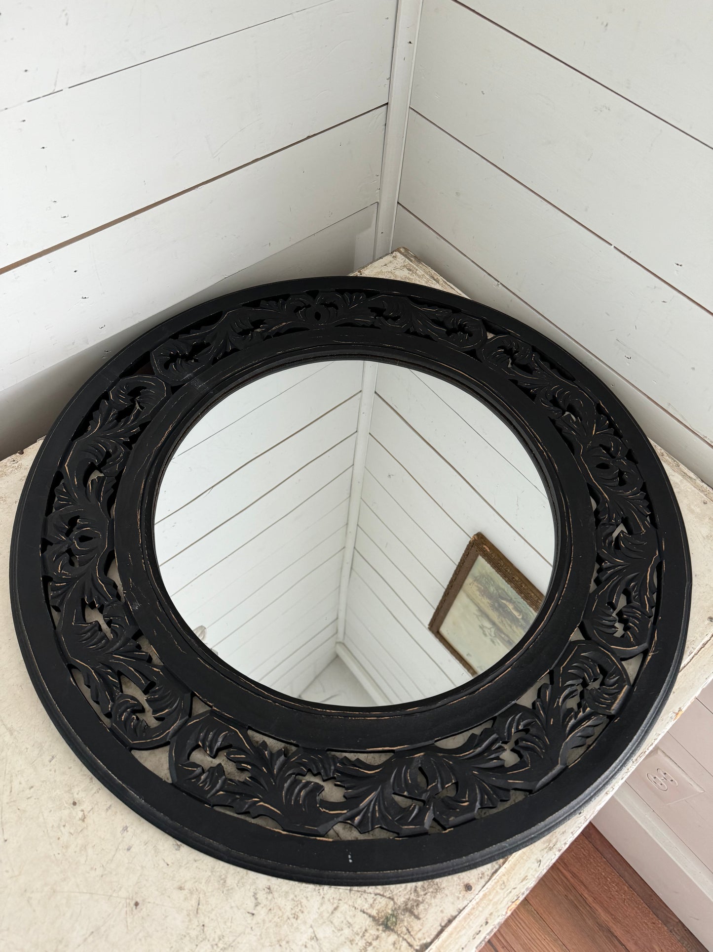 Handcarved Mirror Wood Distressed Black