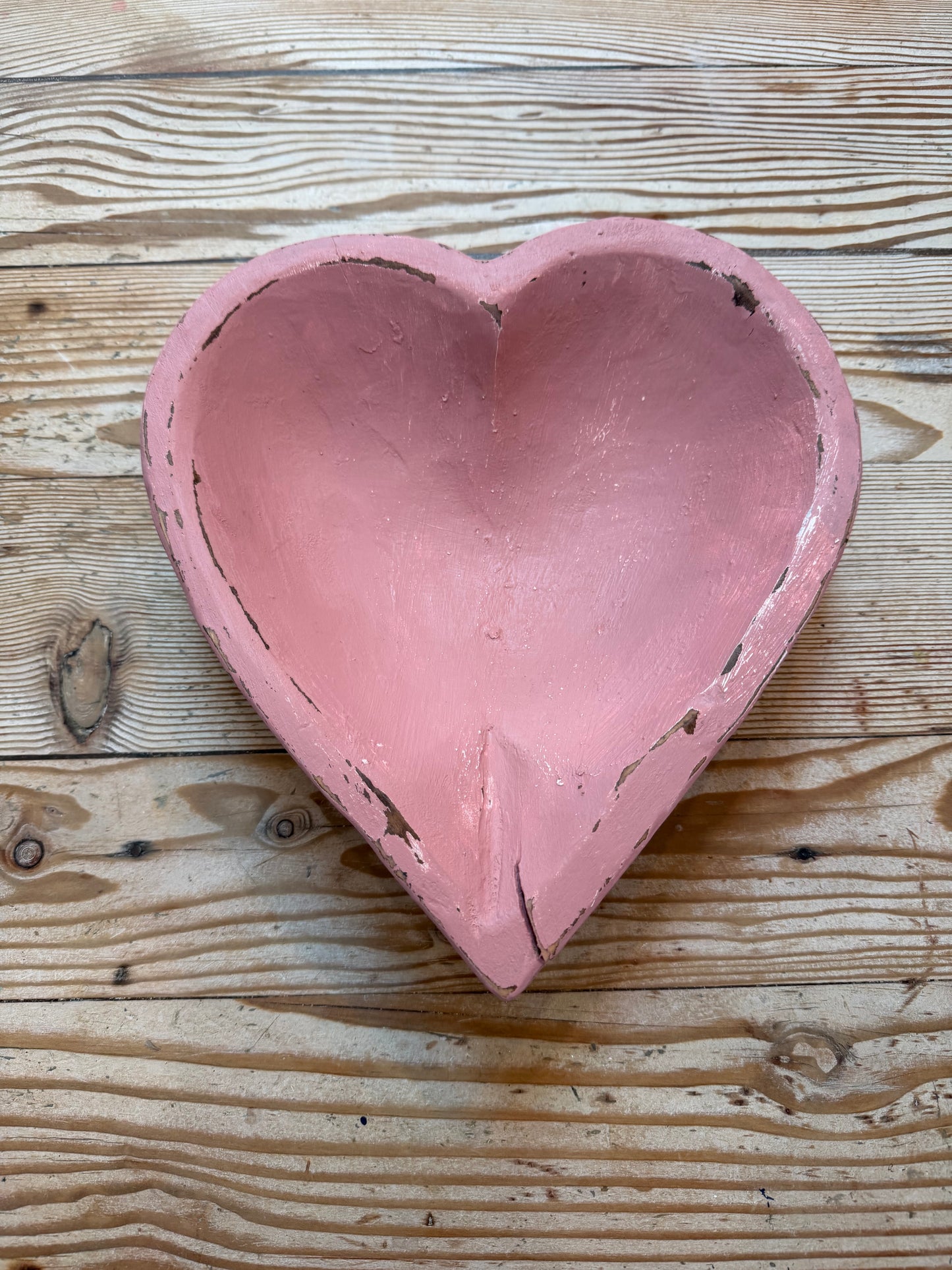 Handmade Rustic Large Heart Shaped Wood Dough Bowl Paint Pink With Veranda