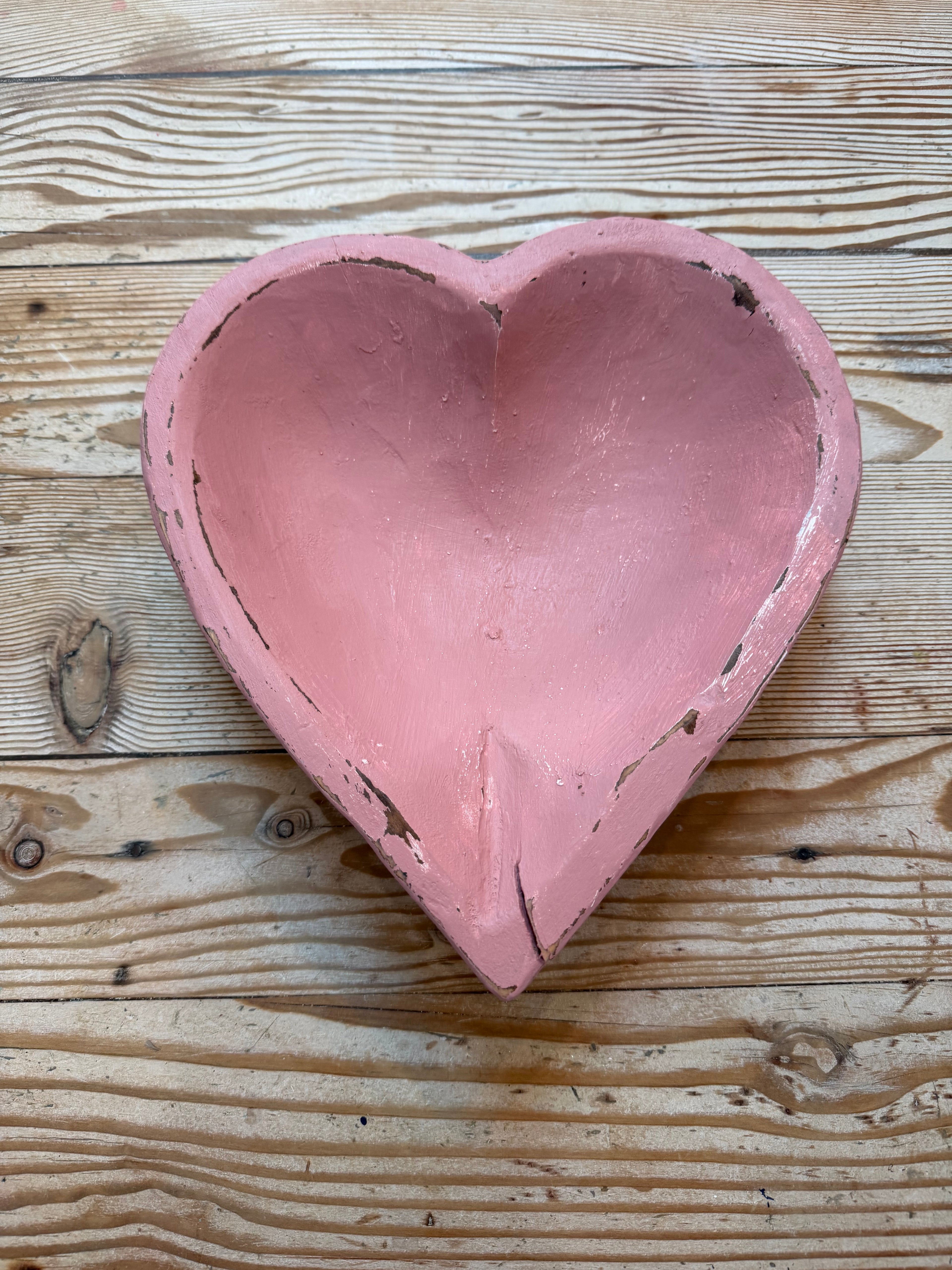 Handmade Rustic Large Heart Shaped Wood Dough Bowl Paint Pink With Veranda