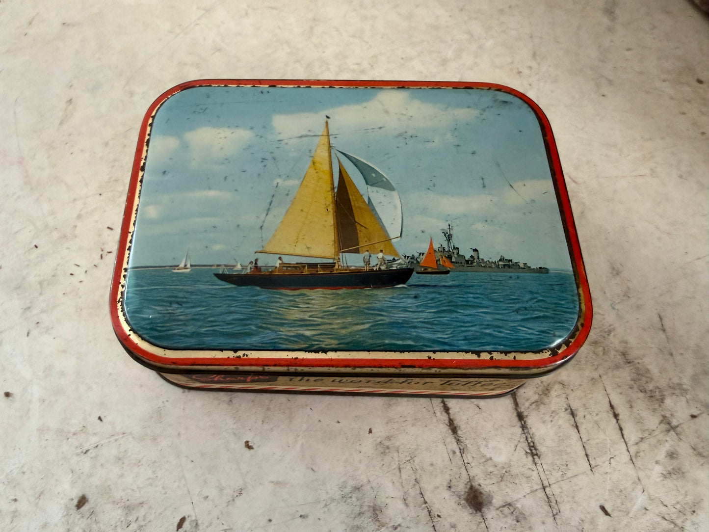 Vintage Blue Bird Toffee Tin Box Empty England 1950s Coastal Harbor Scene Advert