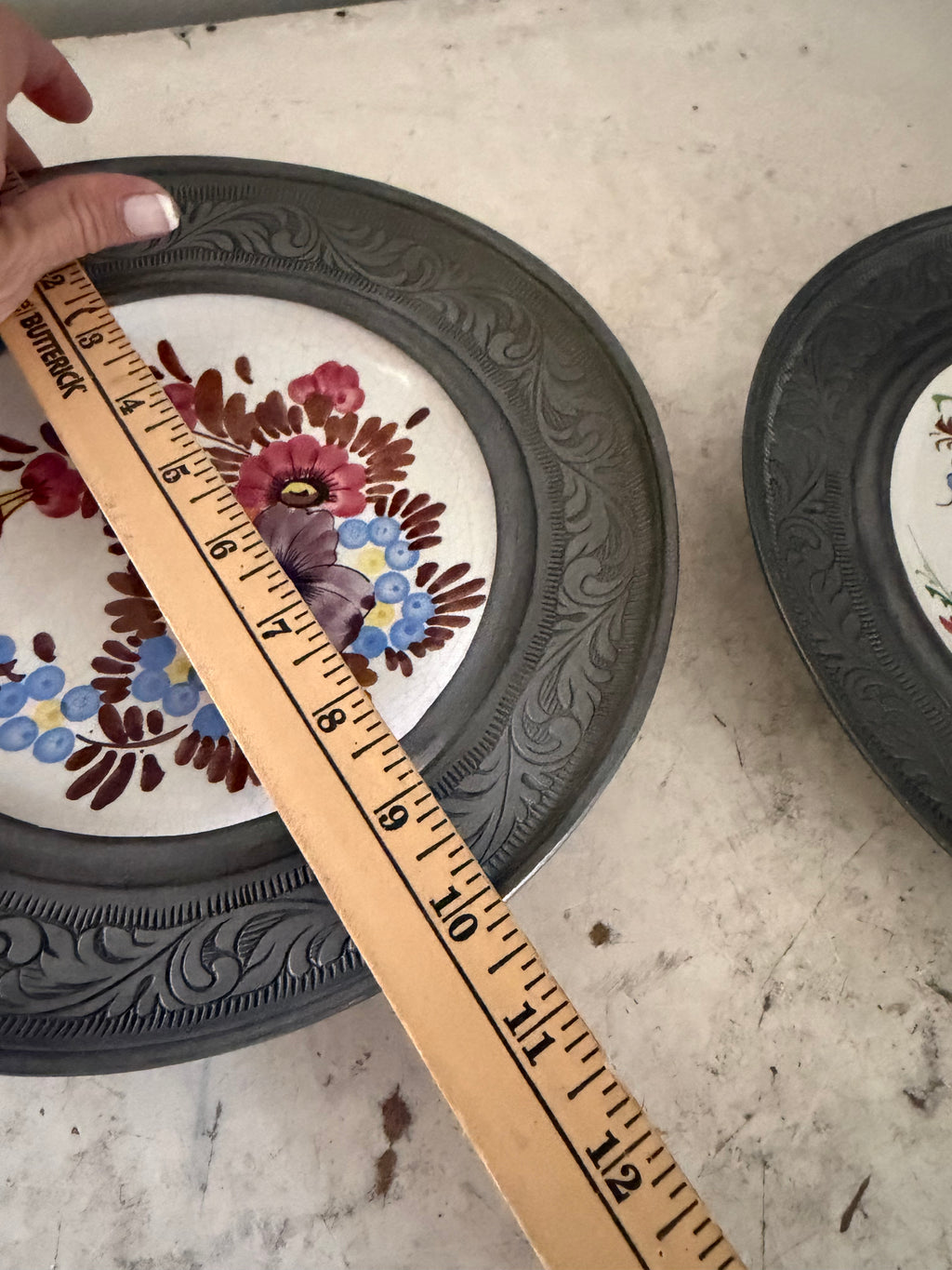 Set of Vintage Italian Ceramic Plate, Hand Painted Floral Pewter Frame, Bassano Ceramics