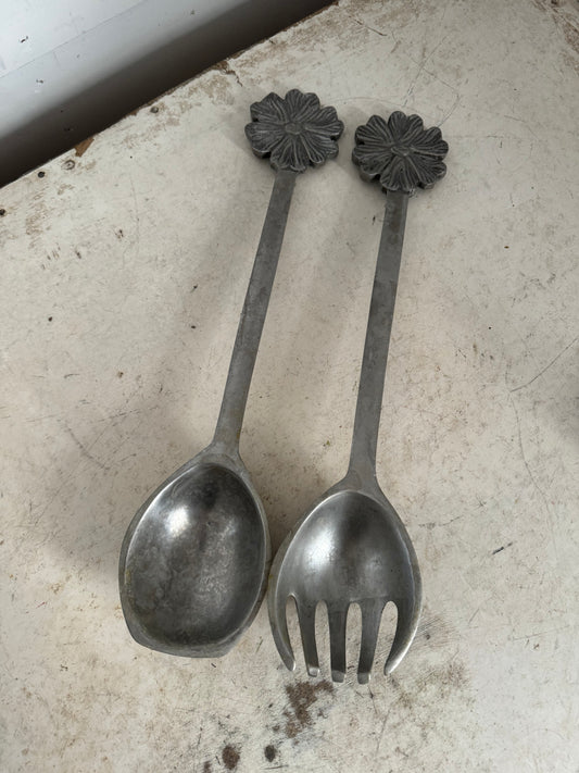 Vintage Aluminum Flower Salad Server Set