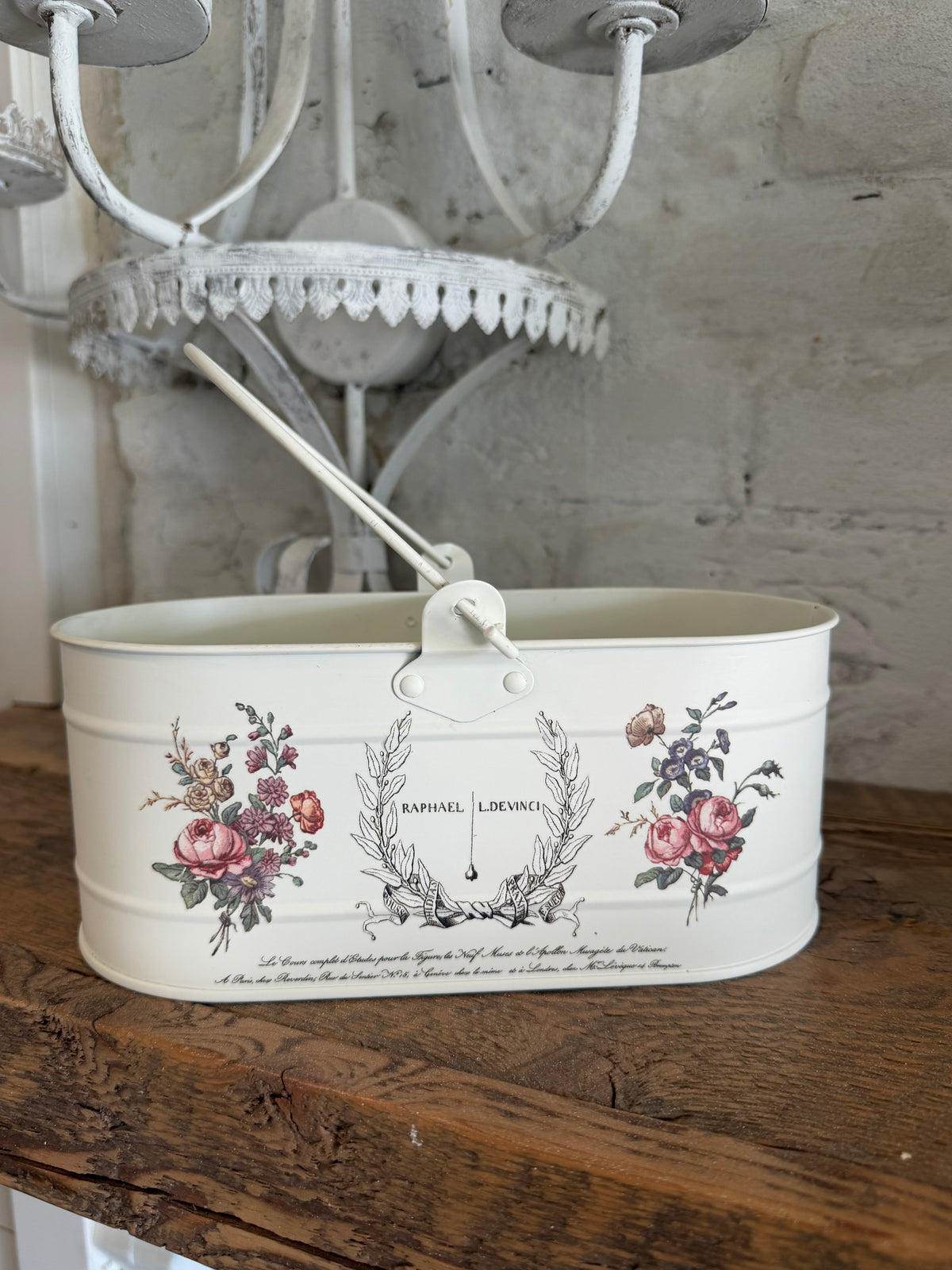 Floral and French words White enamel bucket