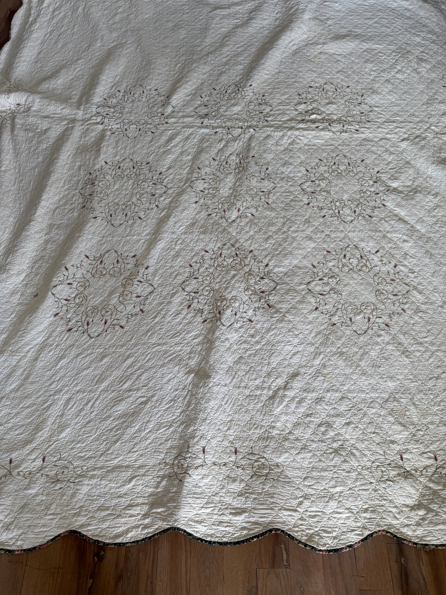 Shabby Queen White Embroidered Quilt - as is see light staining and imperfections