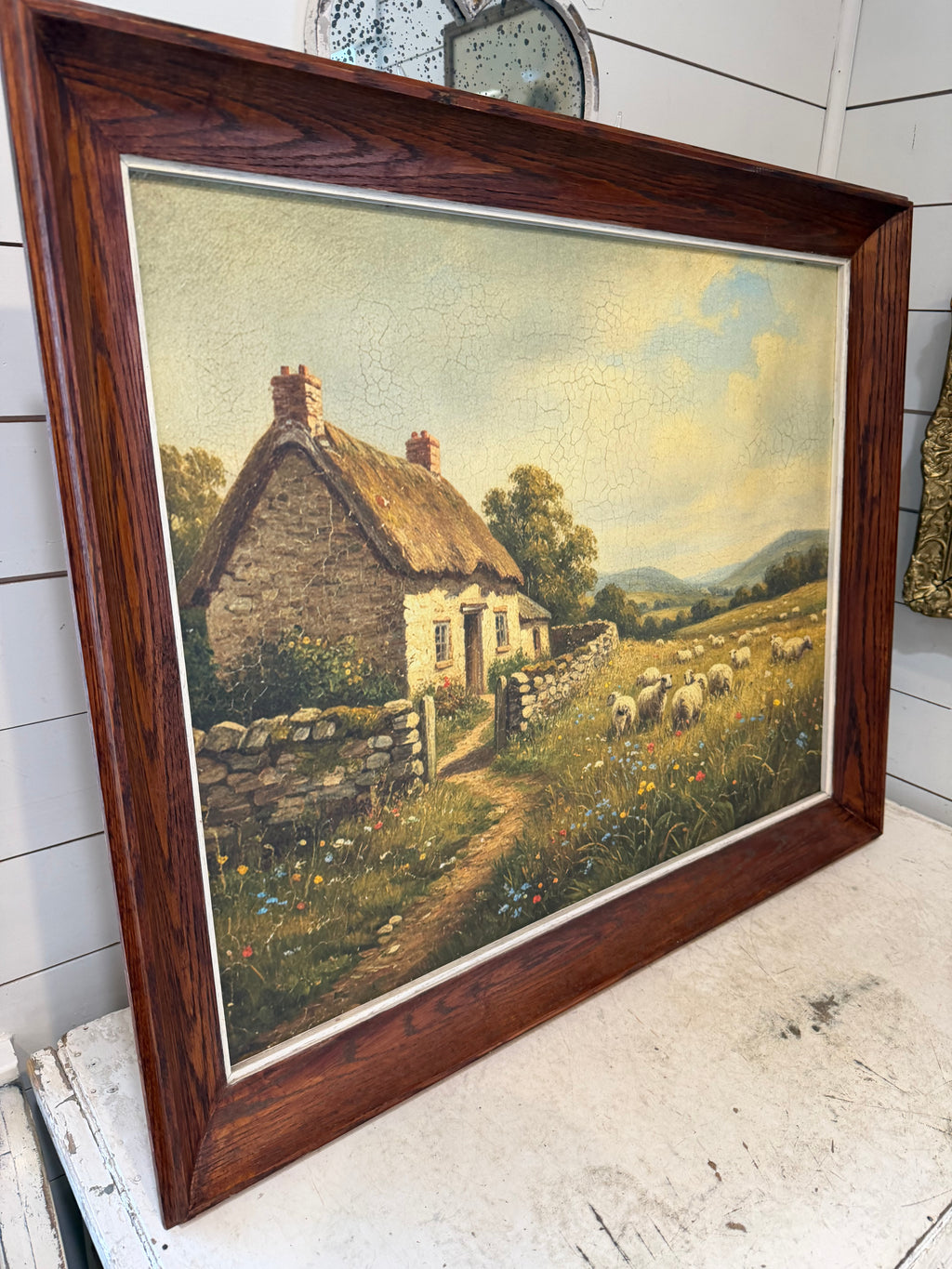 Oak Framed Print of Sheep in a Field By A Primitive Cottage