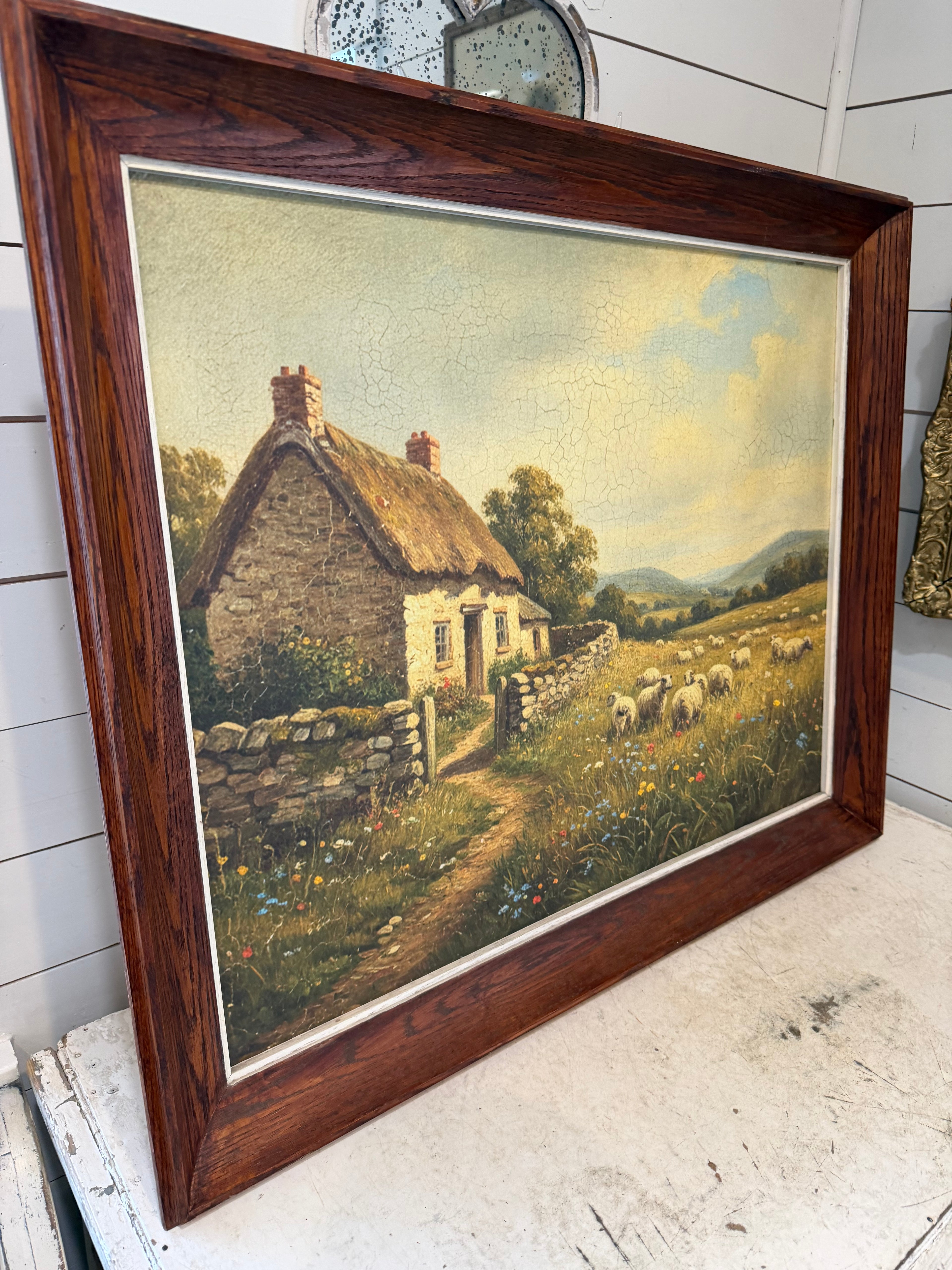 Oak Framed Print of Sheep in a Field By A Primitive Cottage