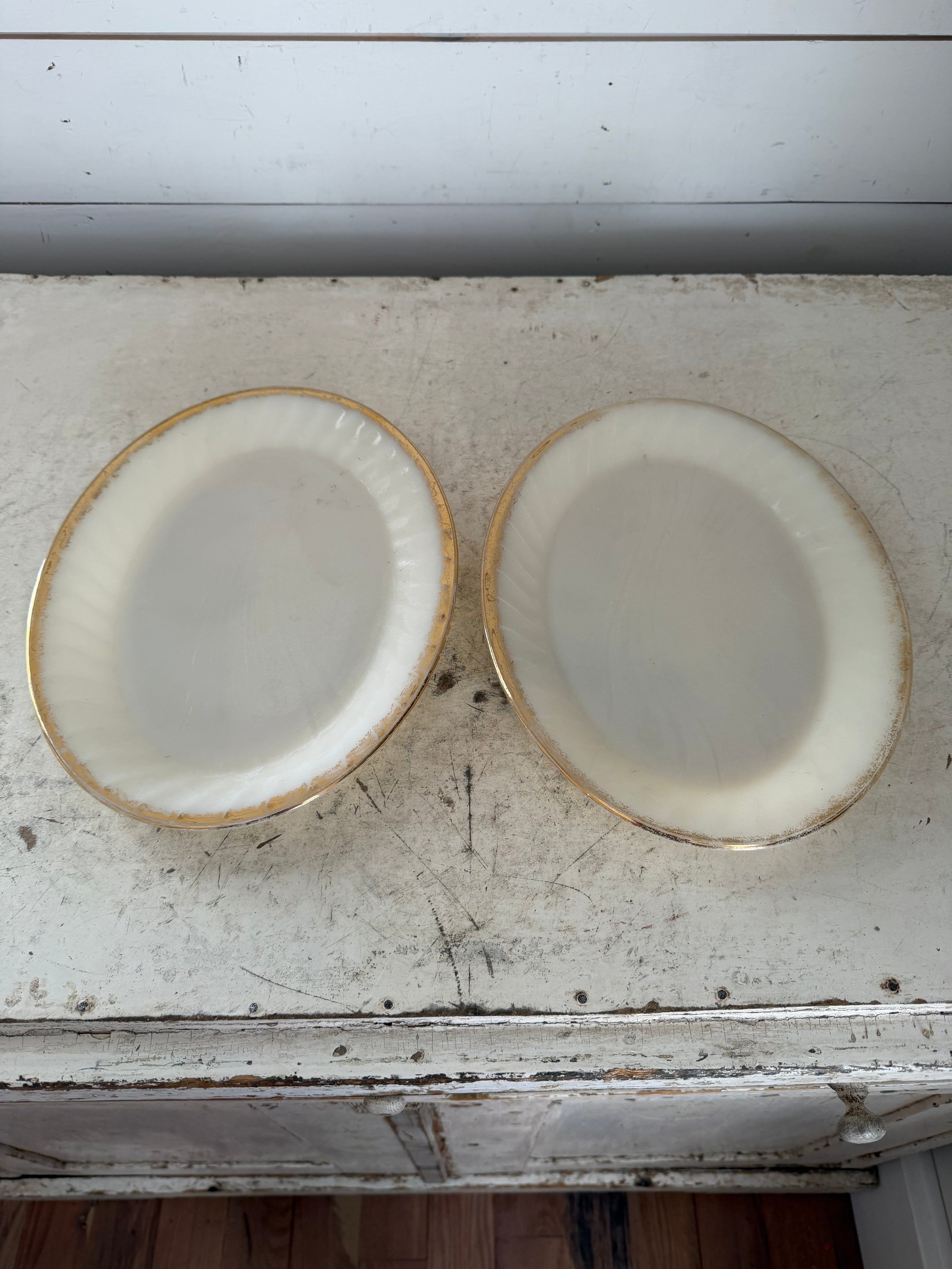 Fire-King Oven Ware 12 x 9 Swirl Pattern with White & Gold trim, Milk Glass - Sold Individually