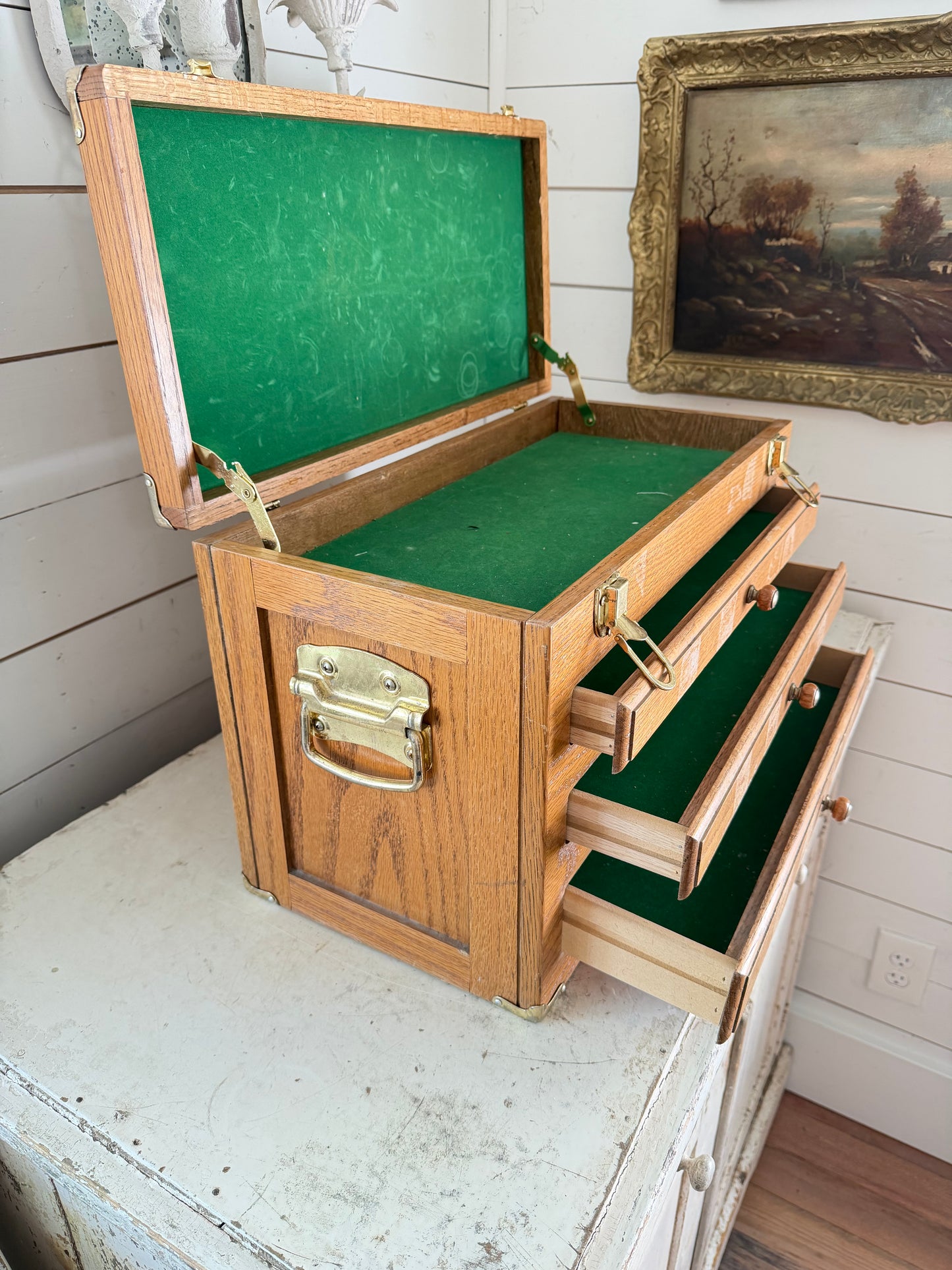Wooden Oak Sewing Notions Chest - Will Get Makeover - drawers are empty