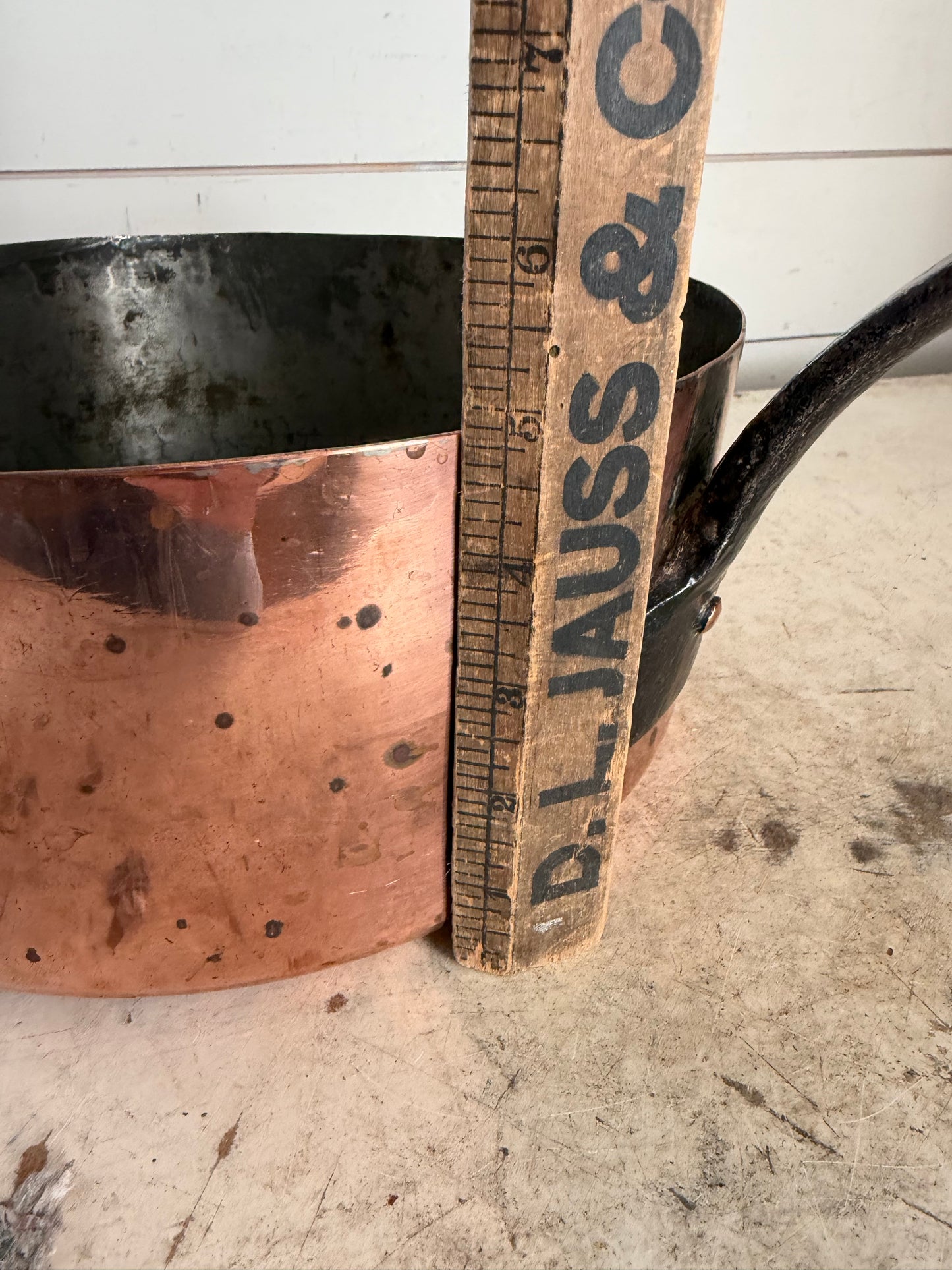 Antique French copper saucepan with a wrought iron handle - X Large