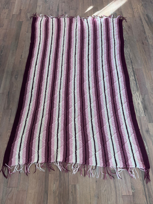 Pink, Cranberry, white  Afghan with fringe