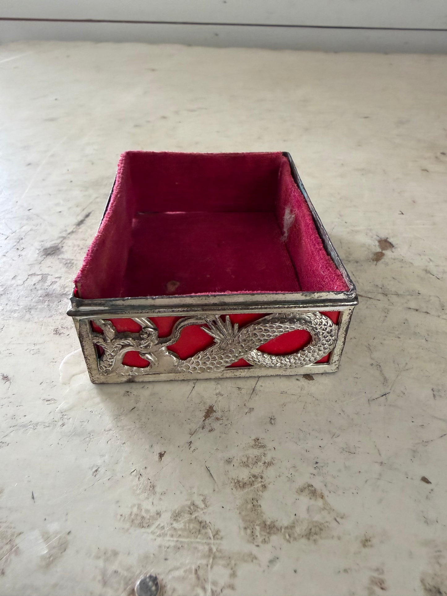 vintage silver-plated Japanese dragon trinket box lined with red velvet