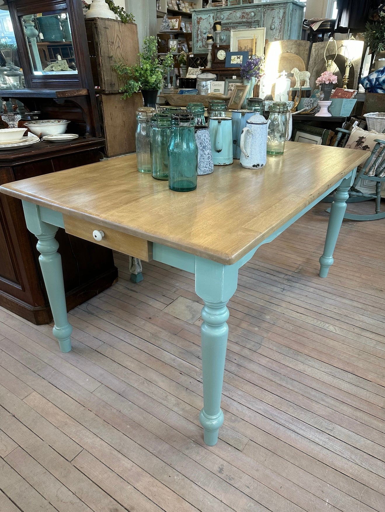 Farmhouse Table with Drawer - Refinished with natural wood top and Apothecary base - Solid wood and sturdy 60x36x30”