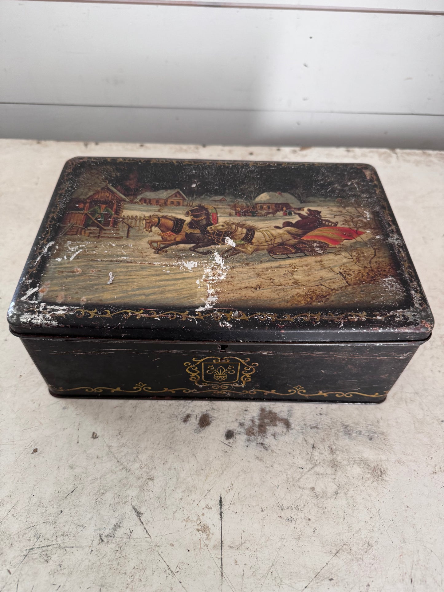 Antique Tin Box With Hinged Lid Black and Gold With Christmas Scene