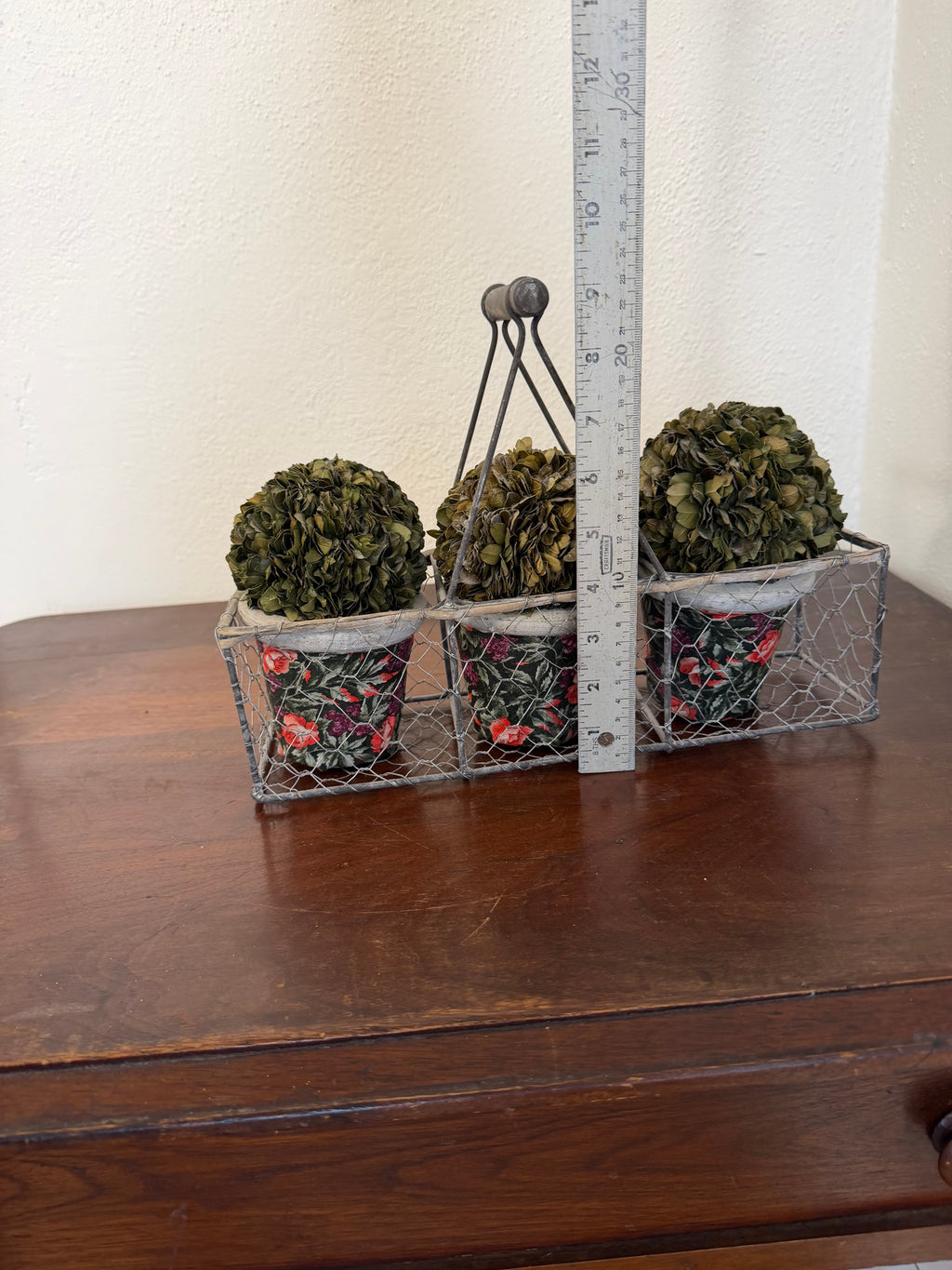 Farmhouse Style Basket With 3 Preserved Boxwood Planters