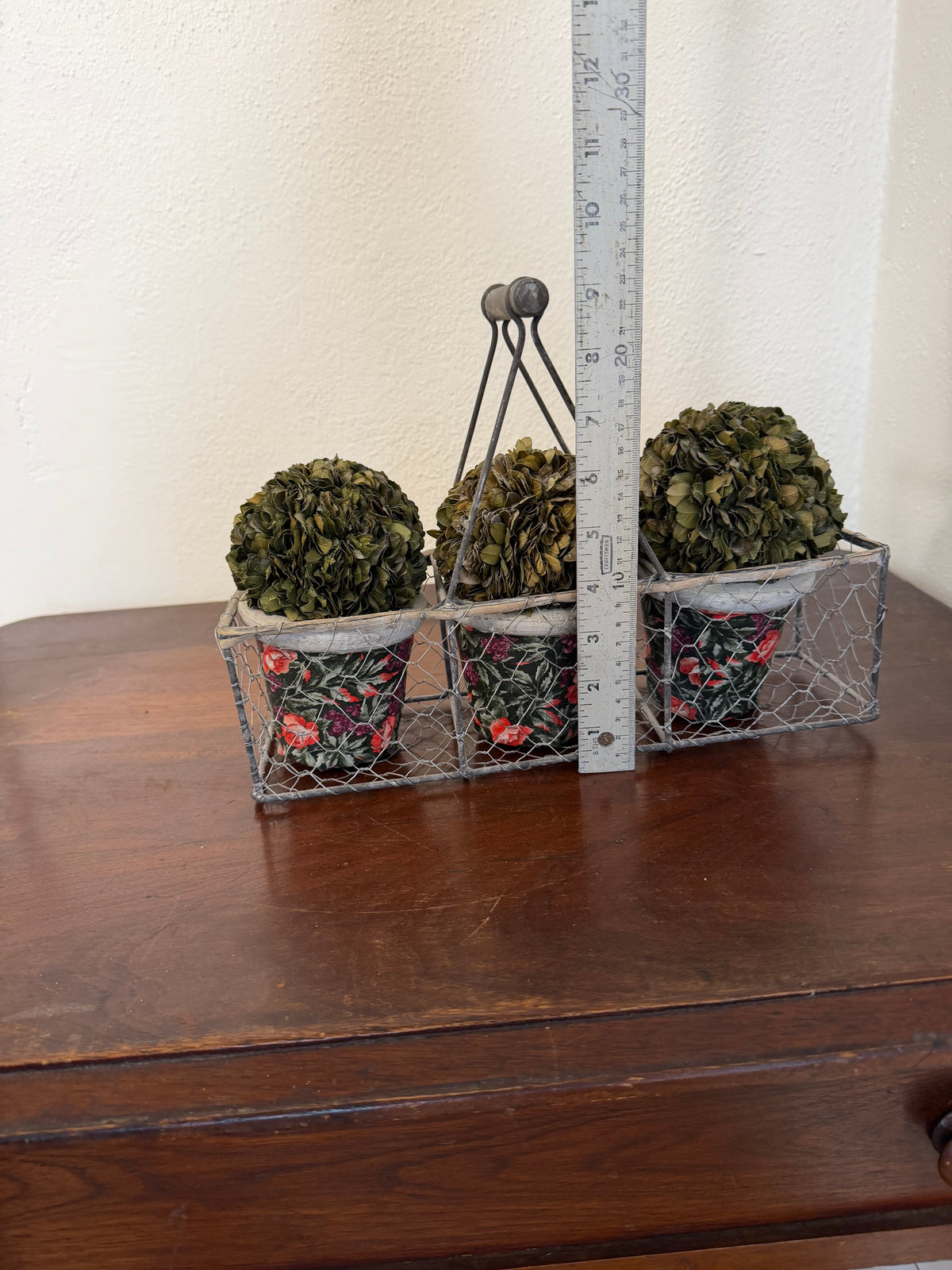 Farmhouse Style Basket With 3 Preserved Boxwood Planters