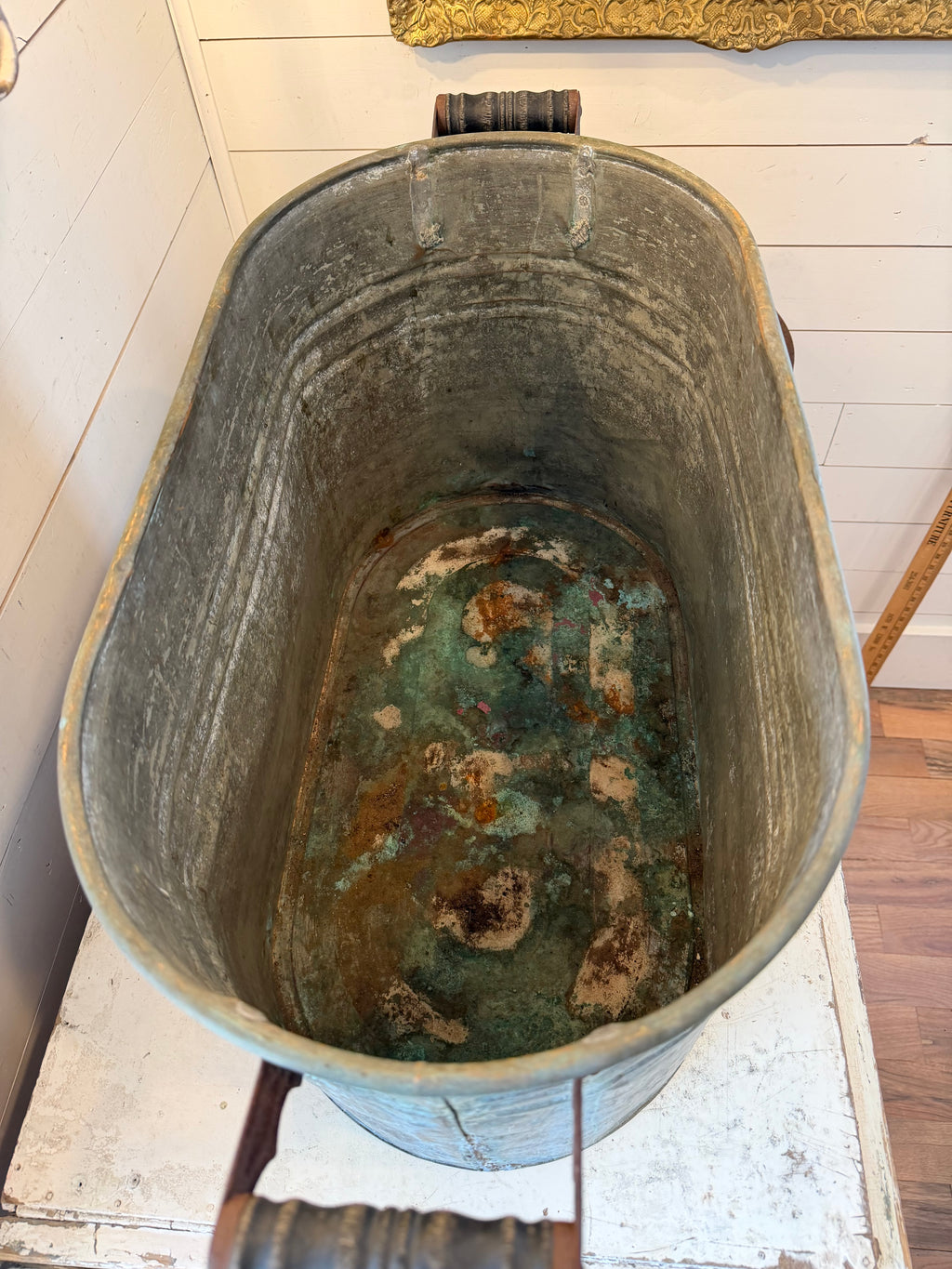 Antique copper boiler wash tub with tin lid