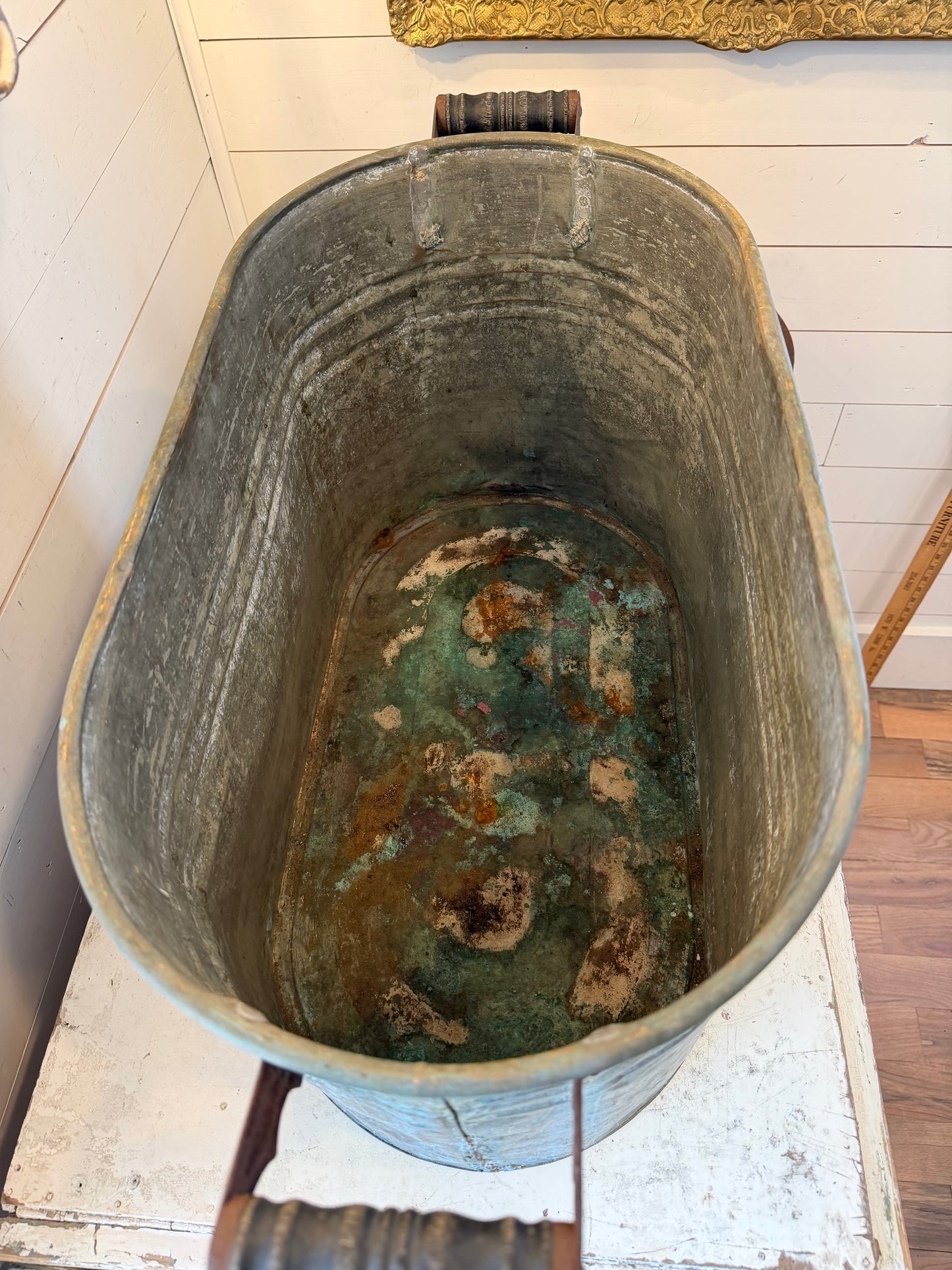 Antique copper boiler wash tub with tin lid