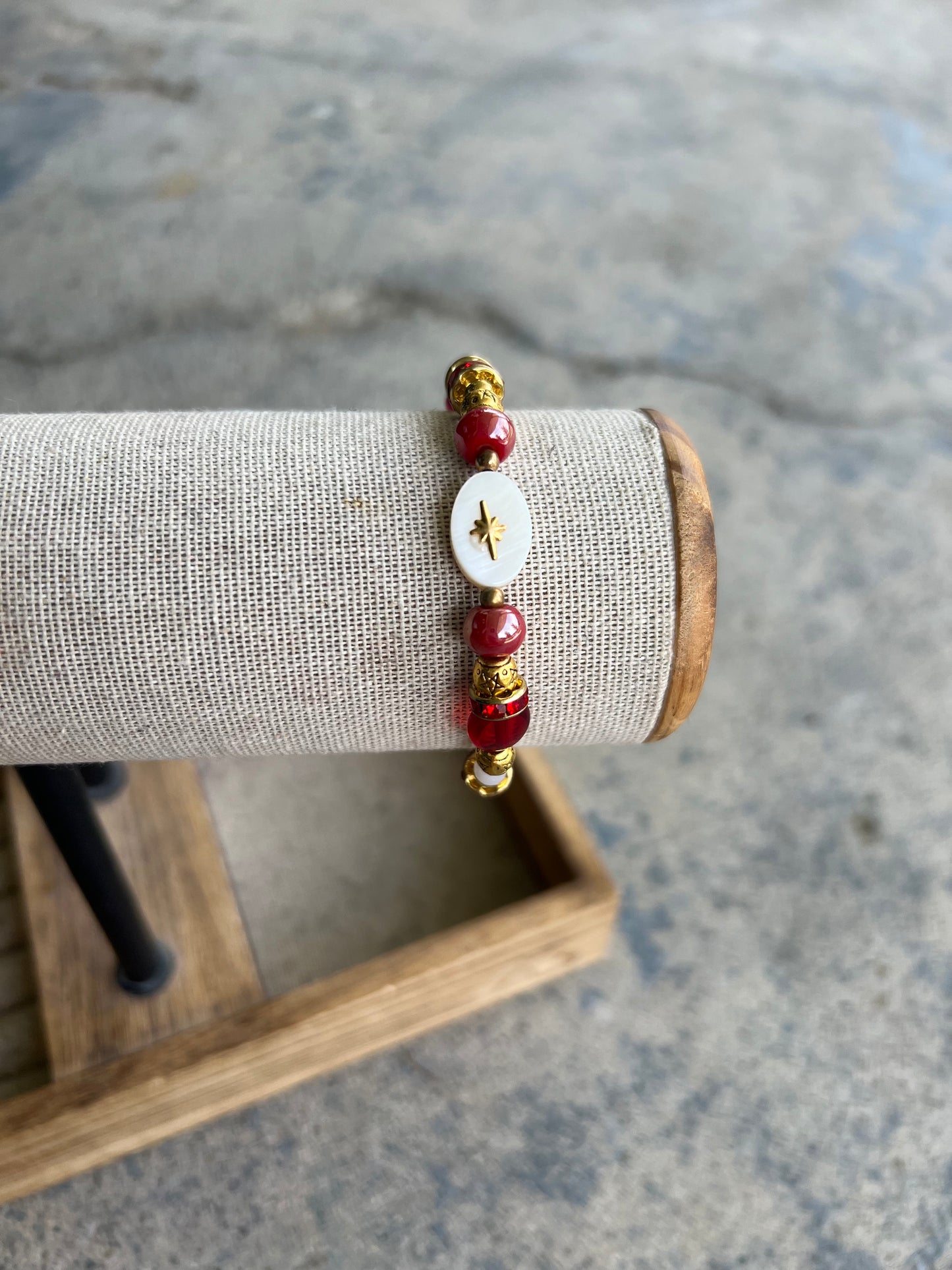 Red and gold star handmade beaded bracelet