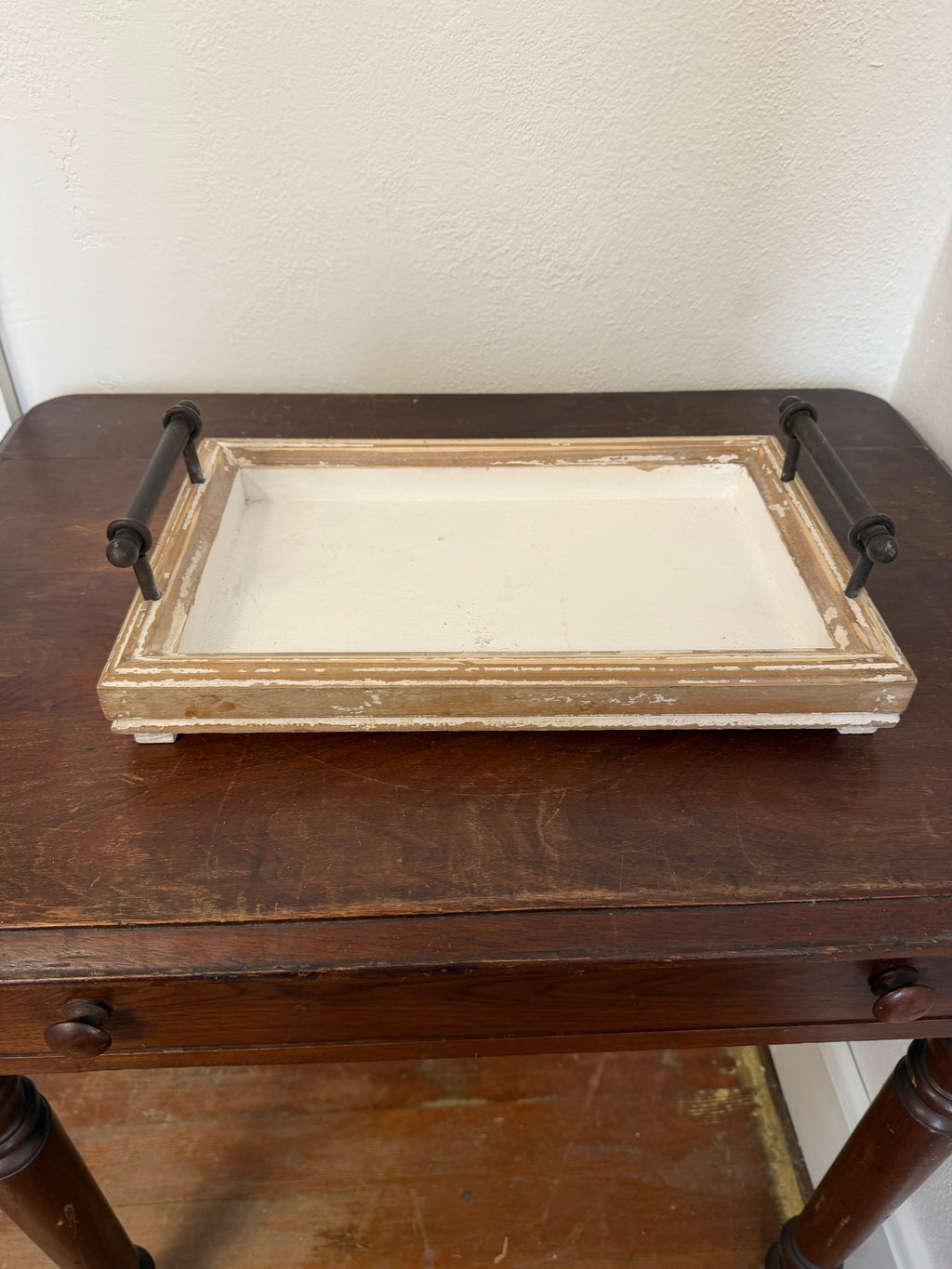 White Washed Wood Tray with Metal Handles