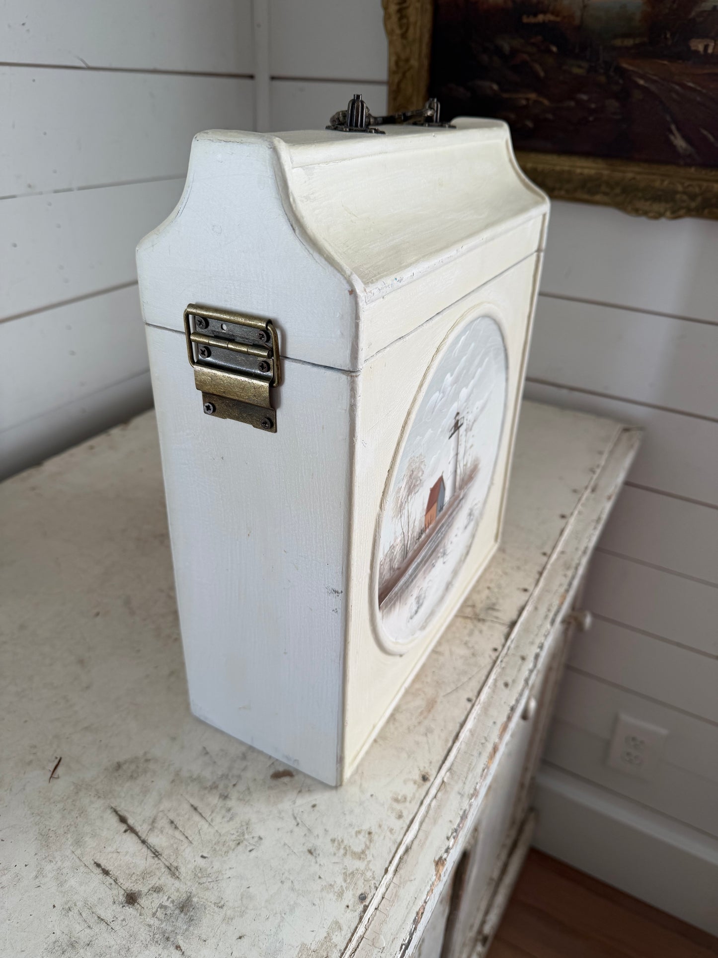 Hand painted lighthouse scenes wood storage box
