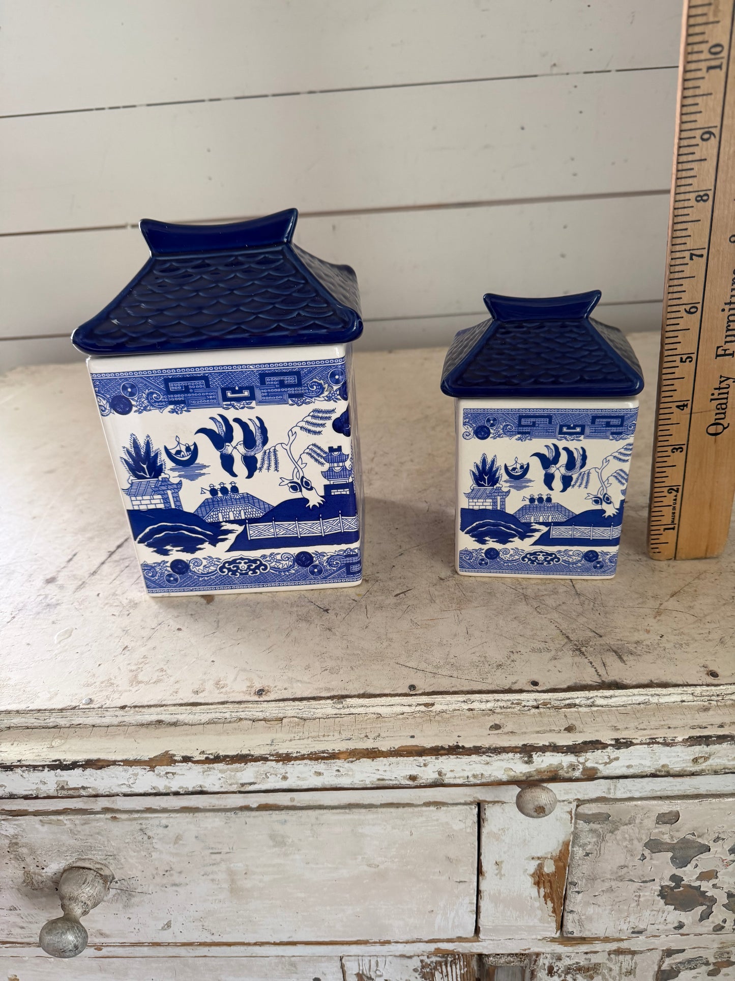 Vintage Blue Willow & White Pagoda Canisters