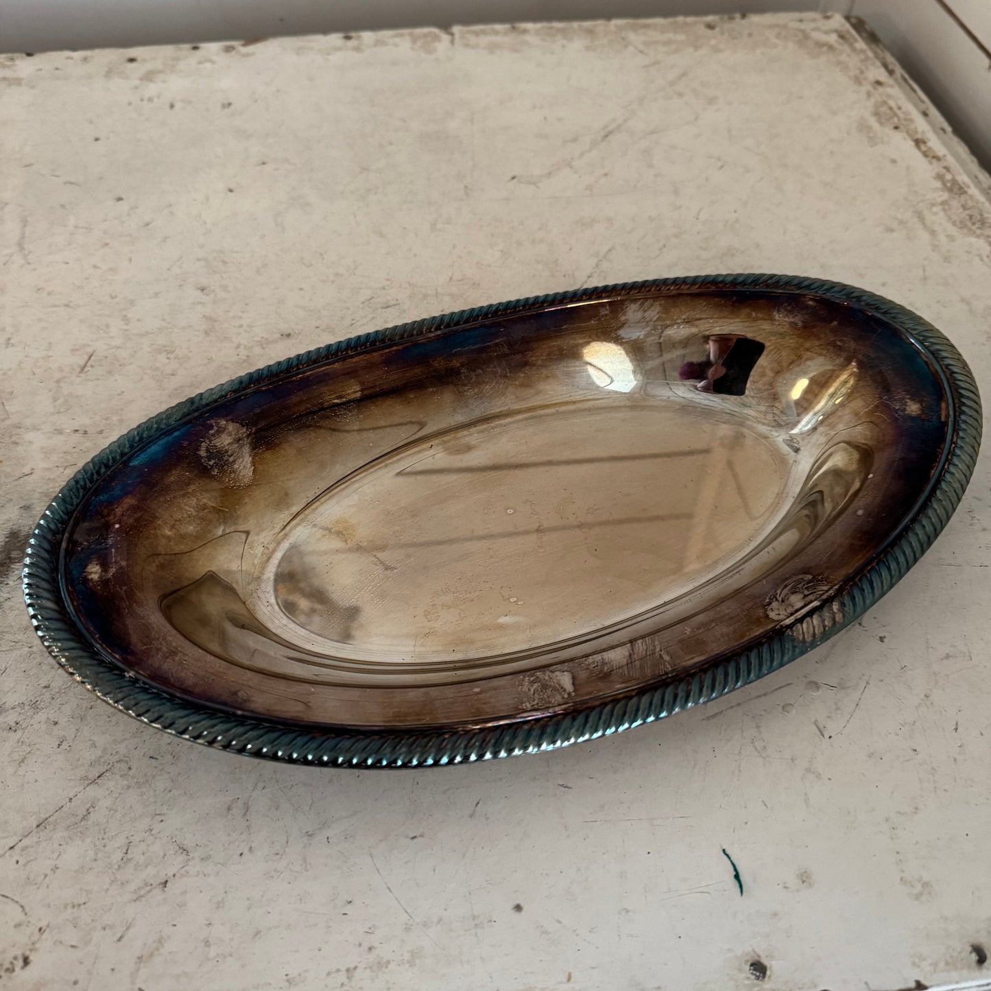 Vintage Oval Tarnished Silver Platter