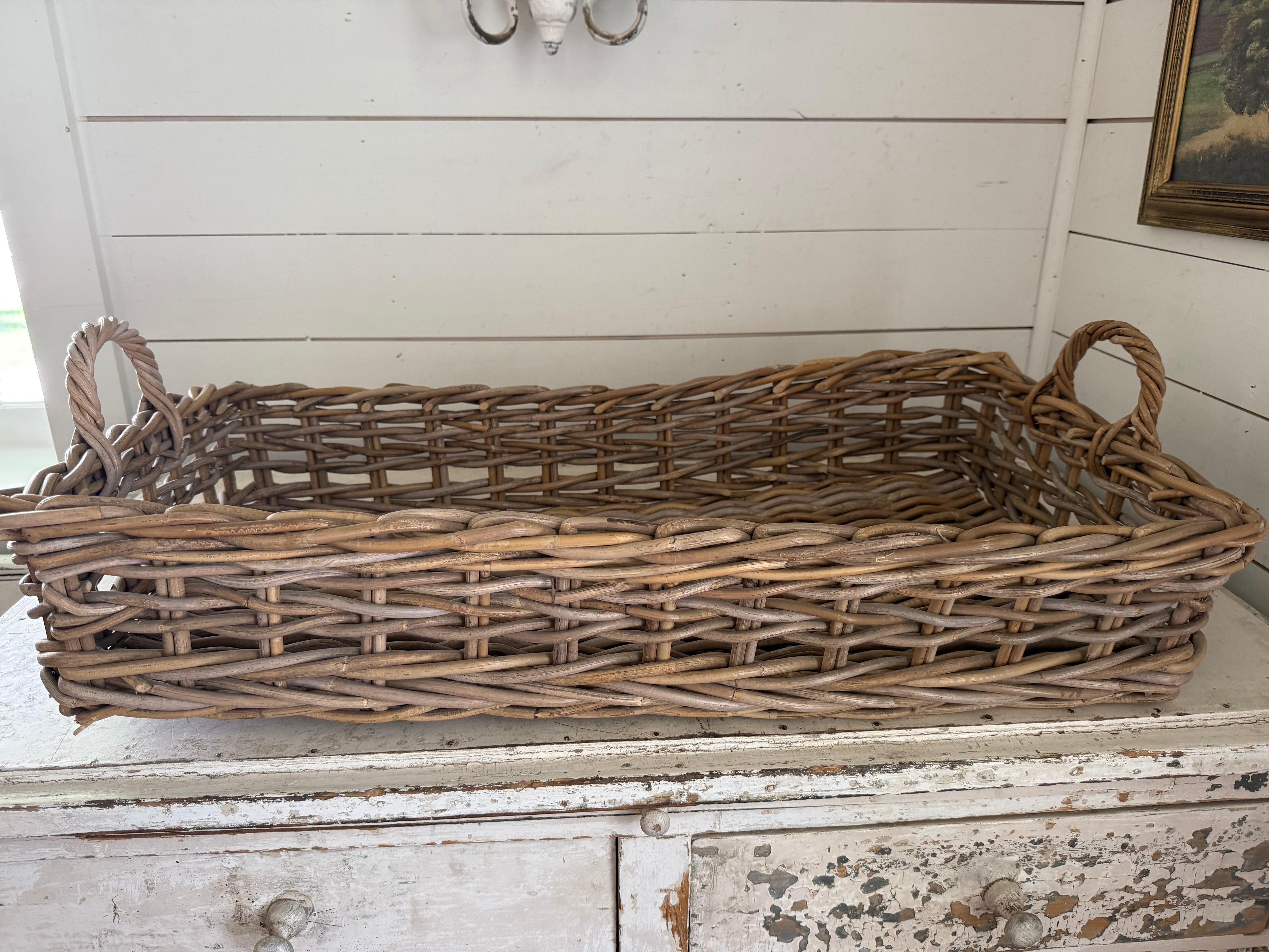 Vintage Woven Thick Woven Rattan Greige Tray Basket