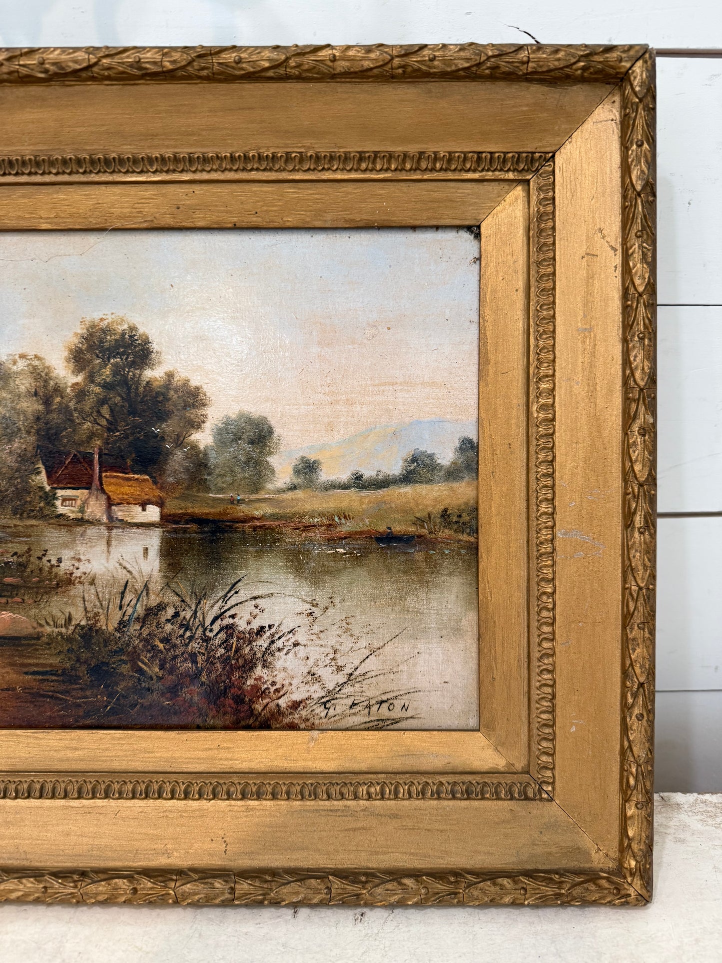 Antique English Gold Framed Oil Painting - Cottage on the Lake