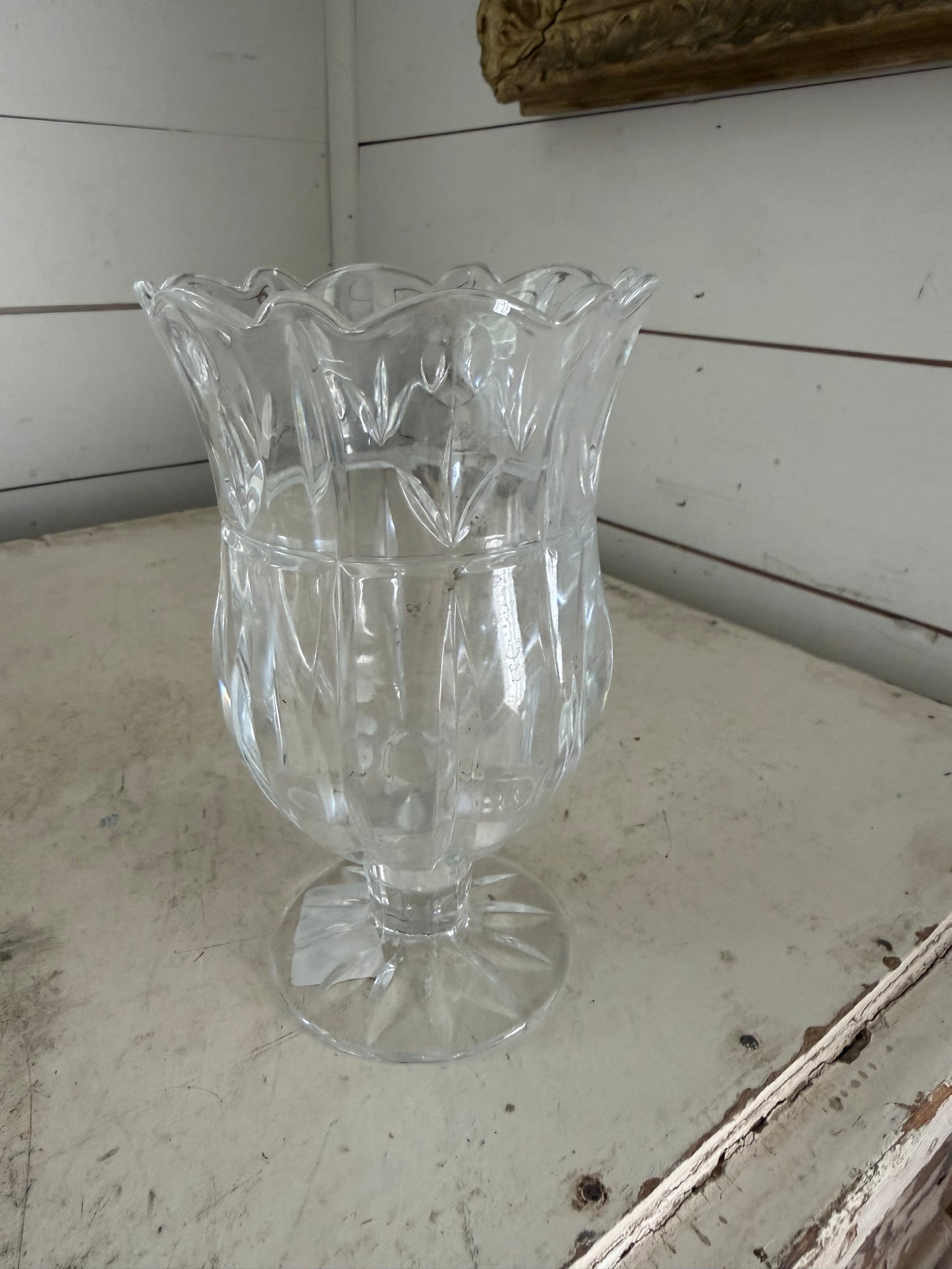 Vintage Block Crystal "Tulip Garden Design" hurricane pedestal vase