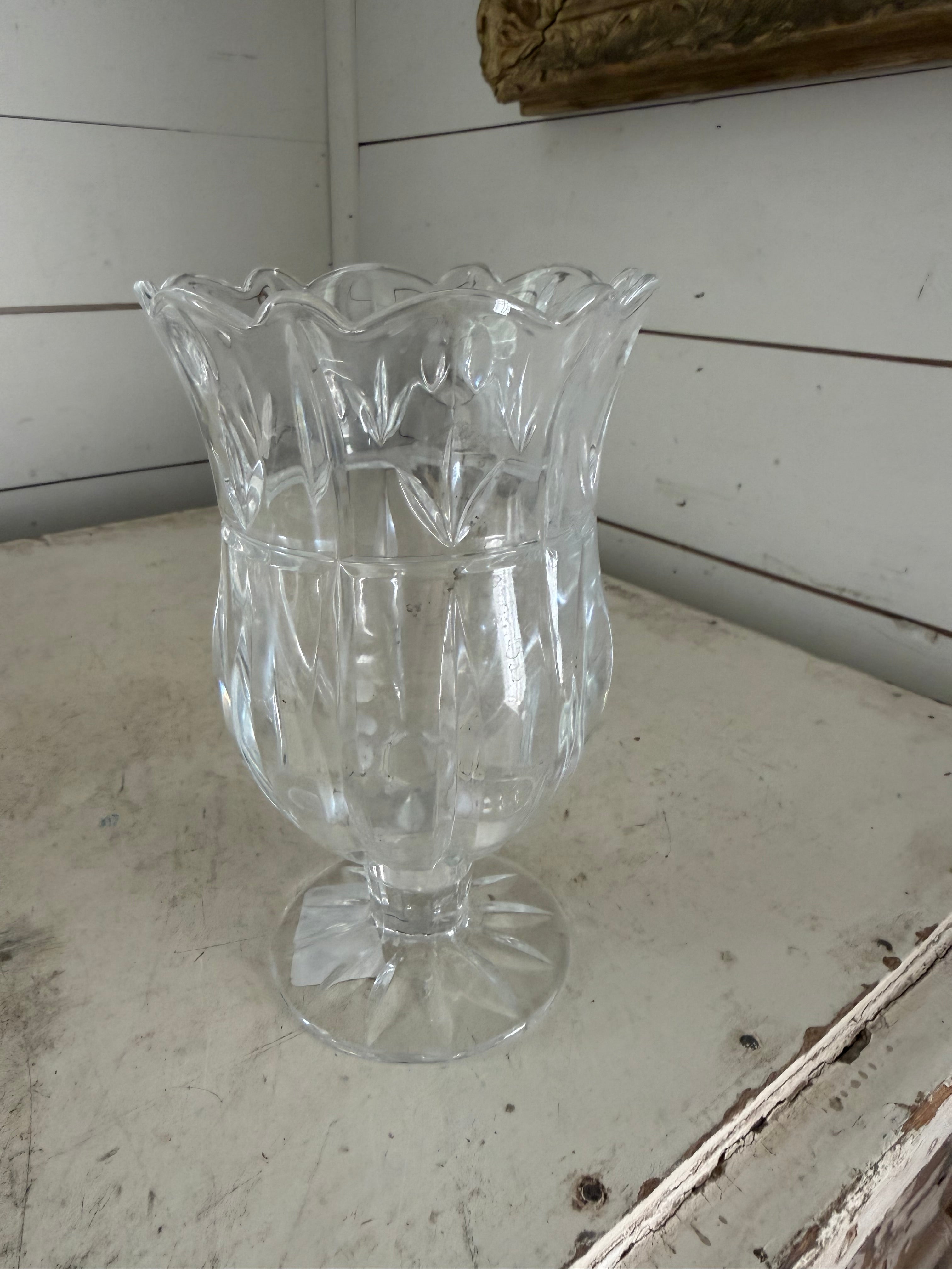 Vintage Block Crystal "Tulip Garden Design" hurricane pedestal vase