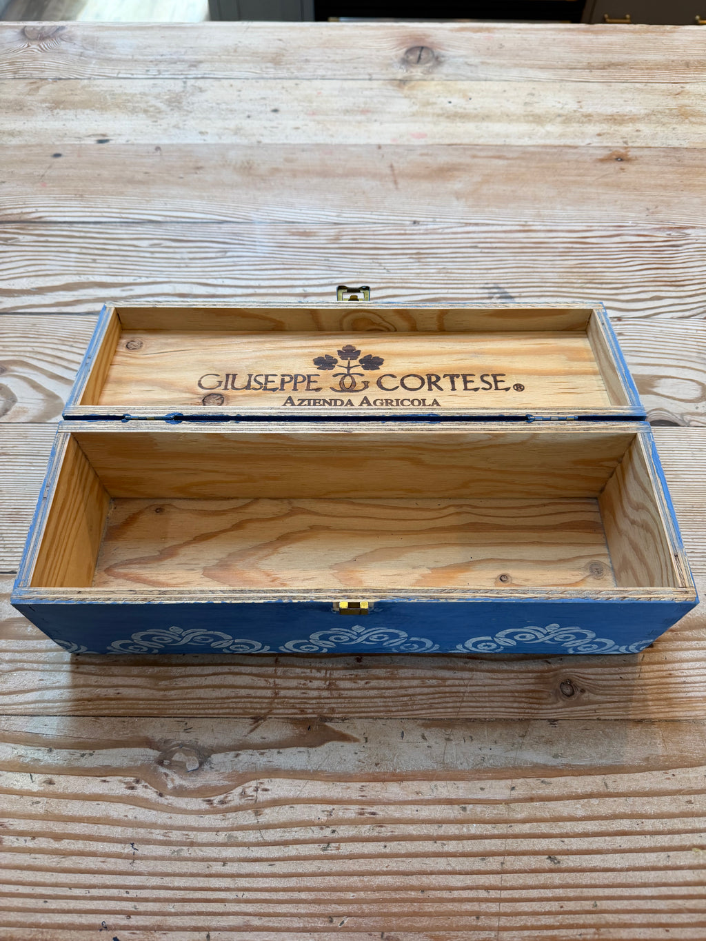 Vintage Wood Trinket Box Painted in Federal Blue milk Paint With Damask Stencils