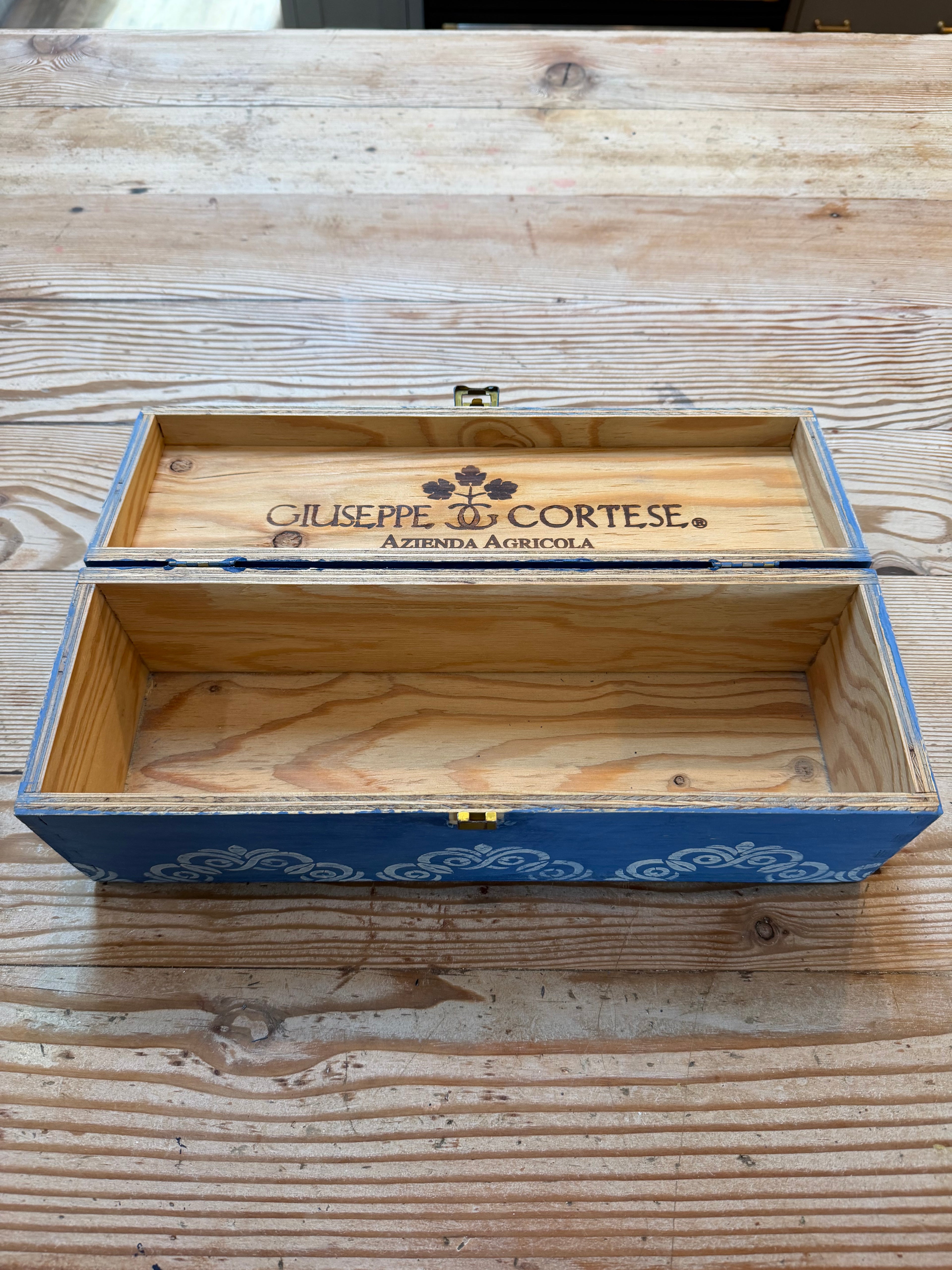 Vintage Wood Trinket Box Painted in Federal Blue milk Paint With Damask Stencils