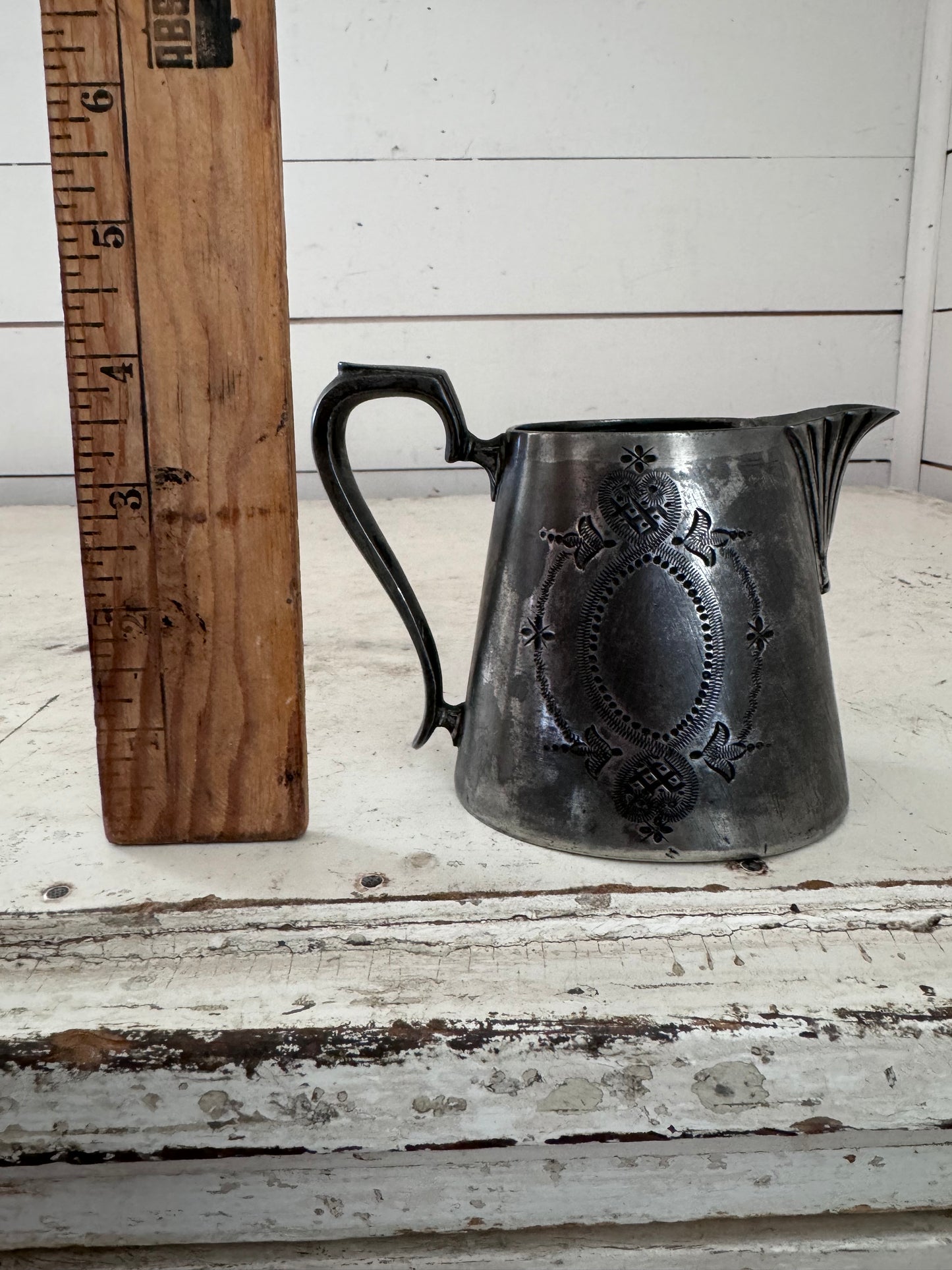 Antique Floral Engraved Victorian Pewter Creamer