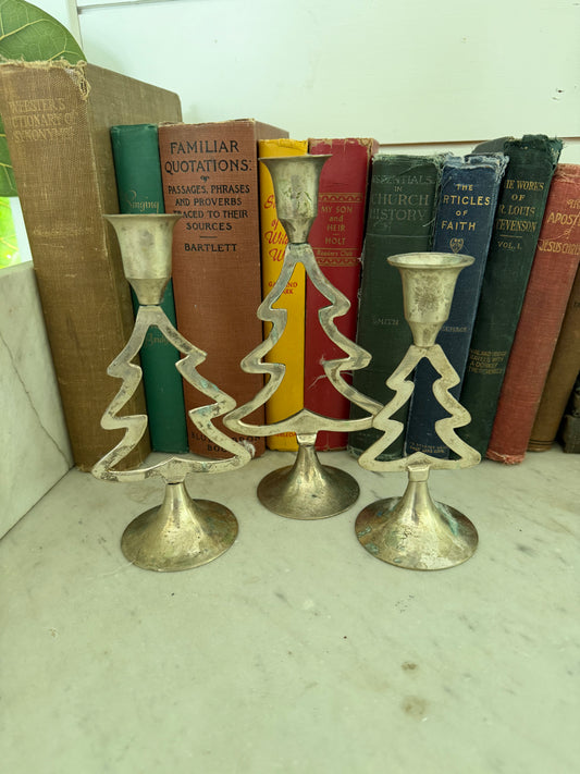 Vintage Set Of 3 Graduating Silver Plated Brass Christmas Tree Candlestick Holders // Cottagecore Farmhouse Decor Home Decor Gift // Holiday