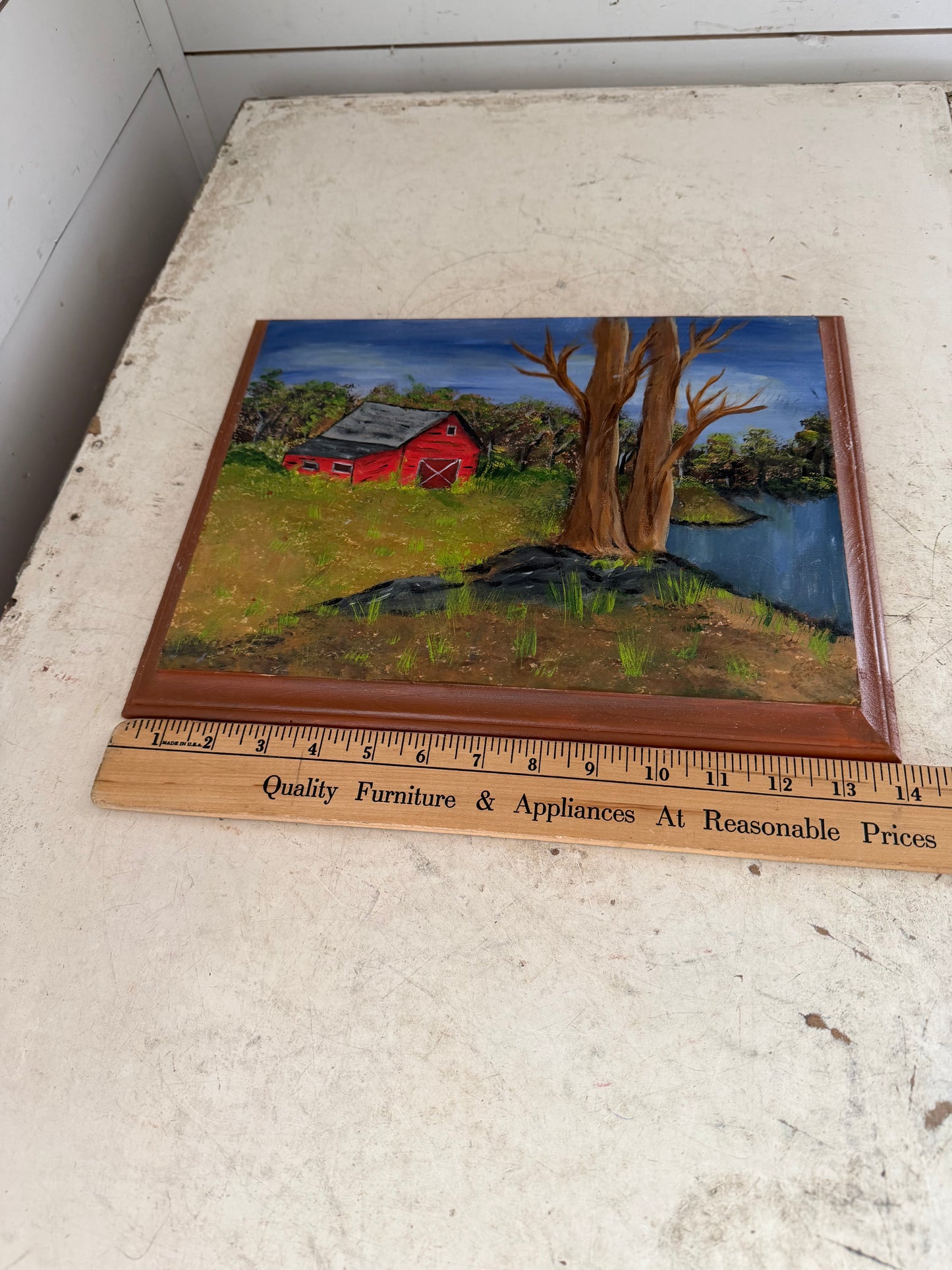 14” Original Folk Art Painting of Red Barn With Trees on Routered Wood