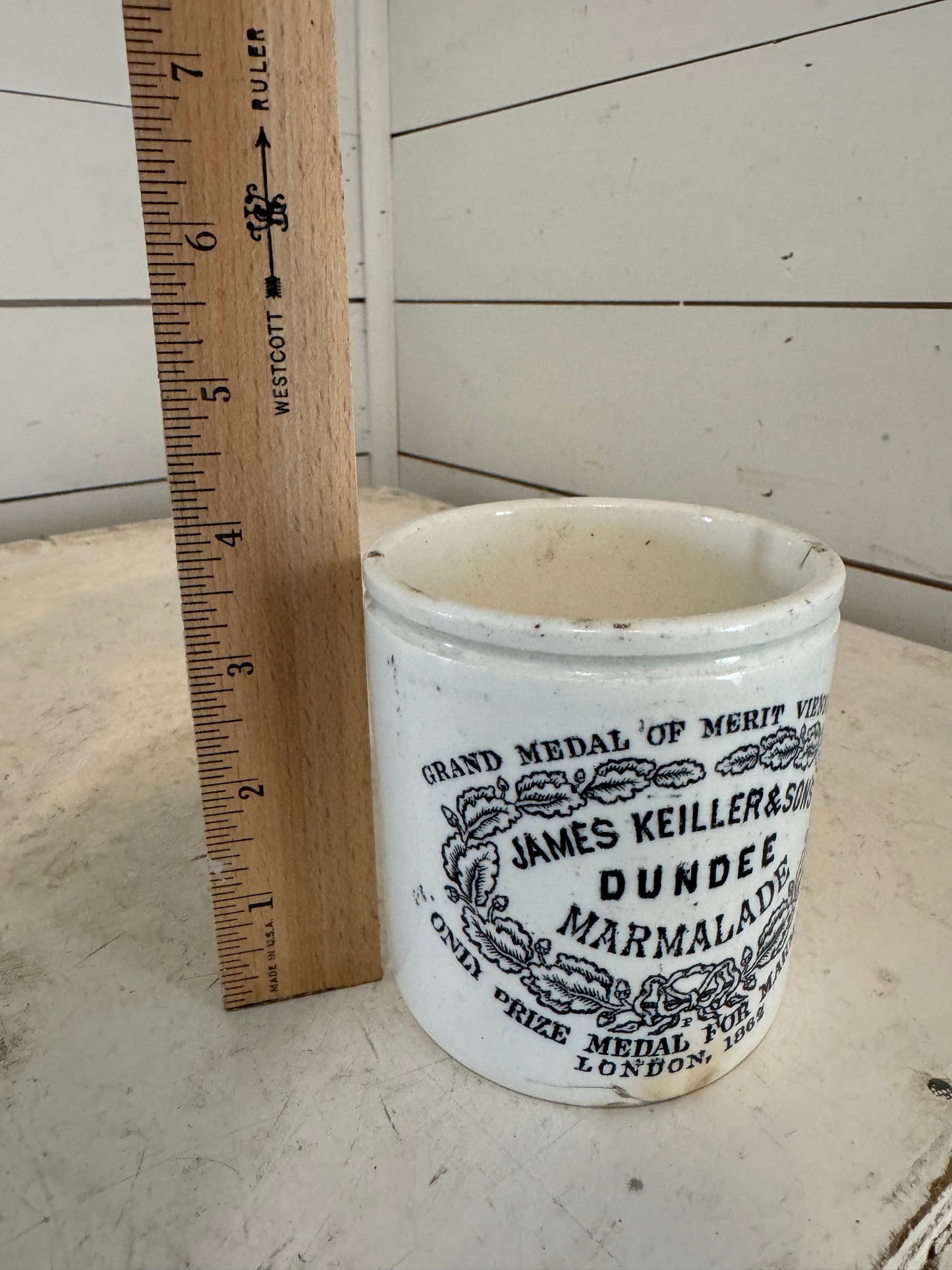 Wide Antique Dundee Marmalade jam jar, pot by James Keiller & Sons, crock, ironstone,