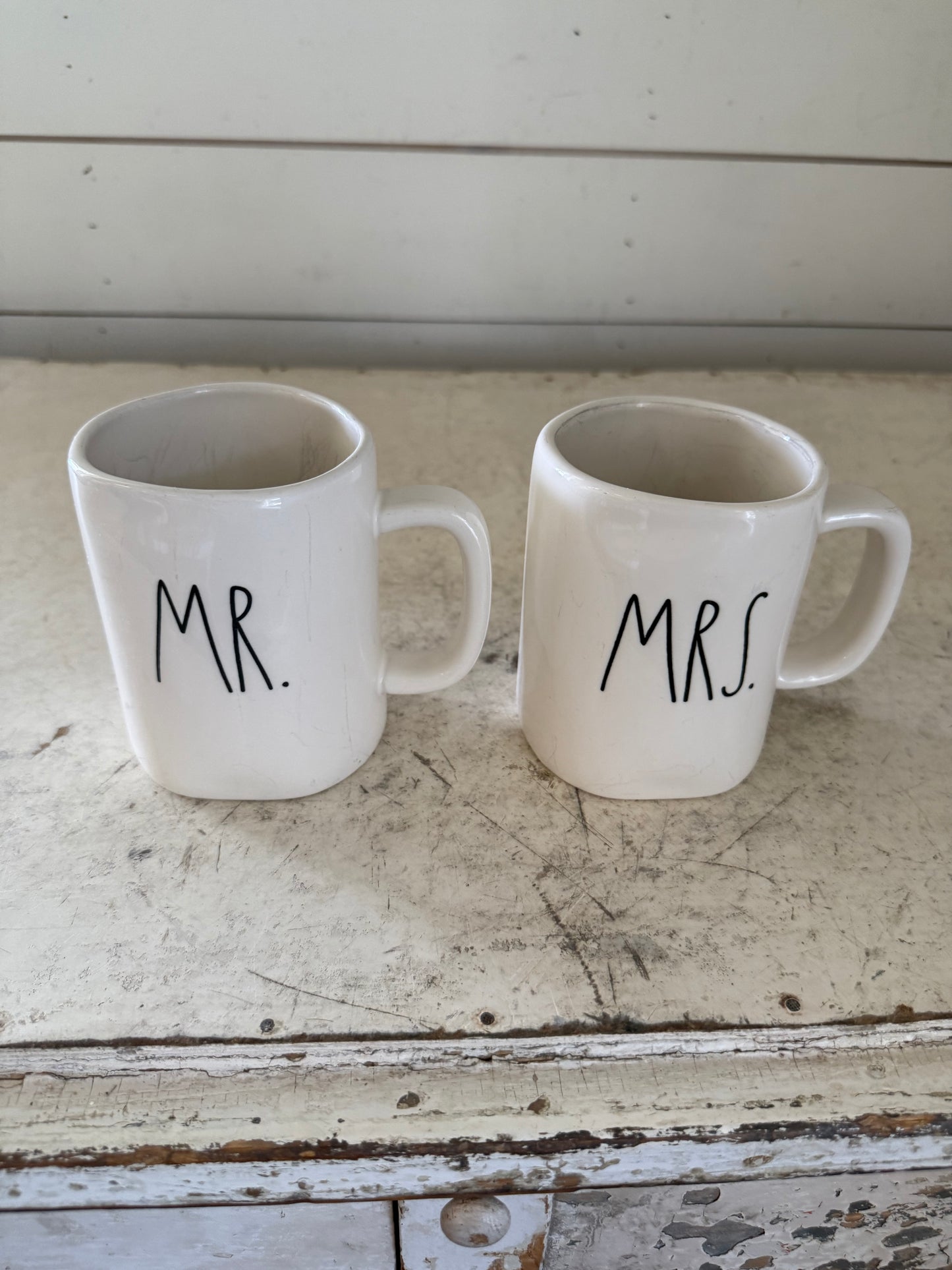 Mr. & Mrs. Rae Dunn Mug set - slight marks inside from spoons