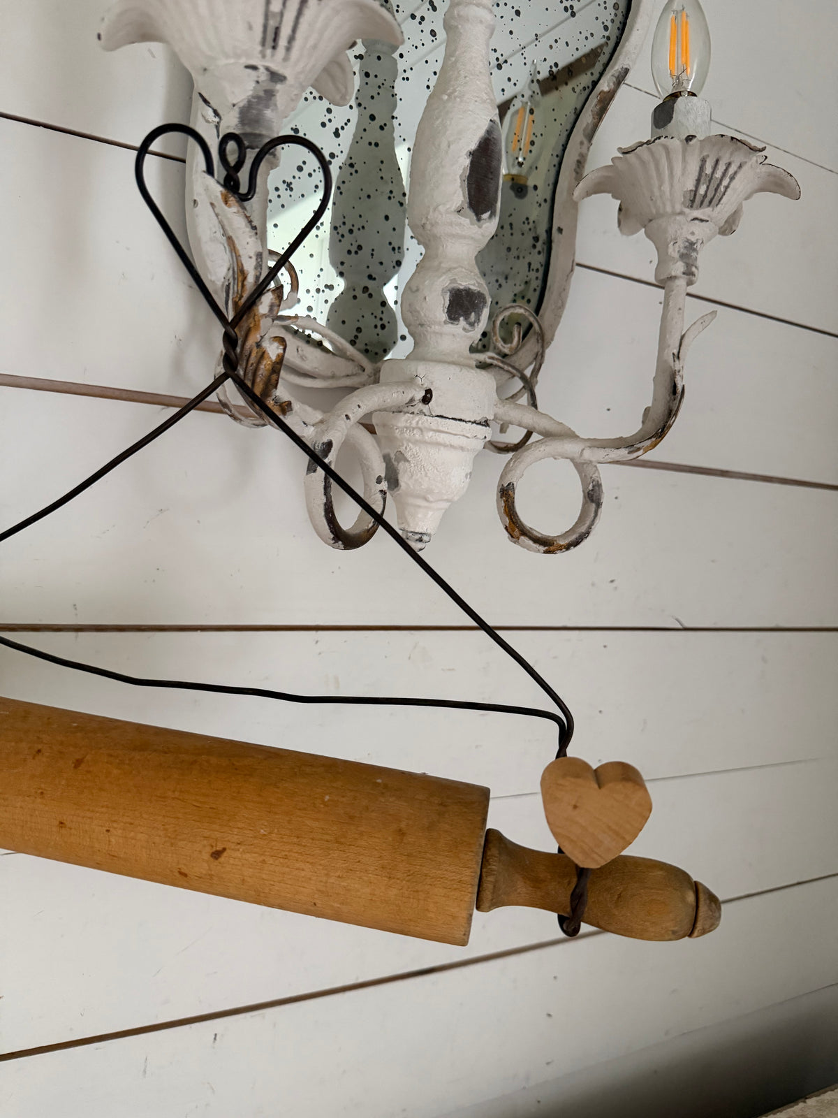 Primitive Wood Rolling Pin & Vintage Twisted Wire Hanger Holder Heart