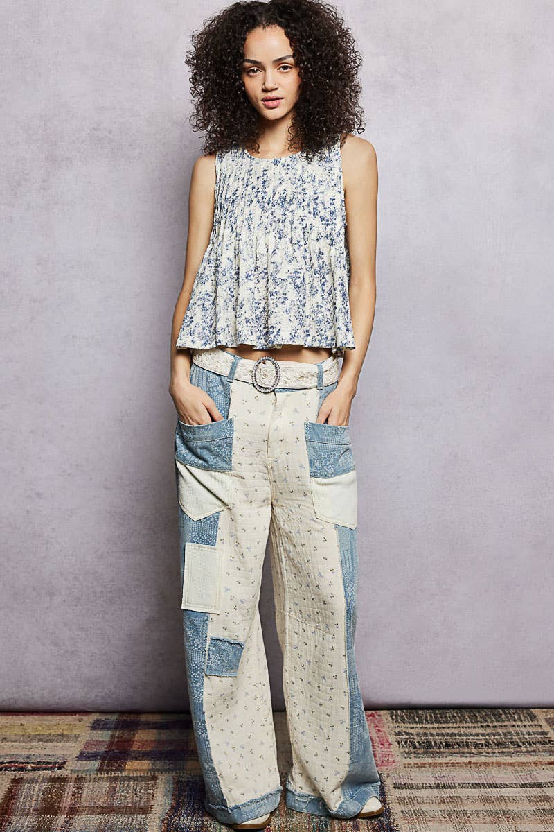 Round Neck Double Gauze Pintuck Floral Sleeveless Top