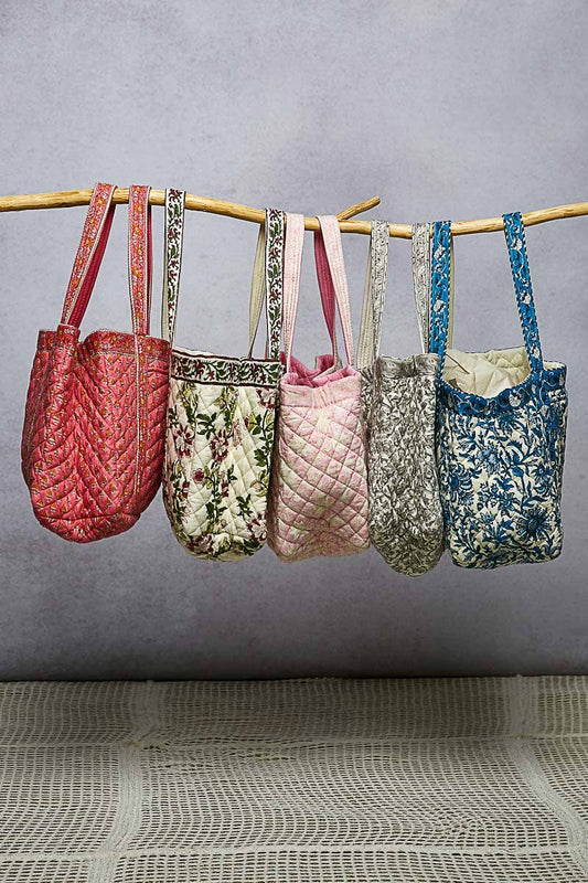 Bohemian Block Print Floral Print Woven Tote Bag